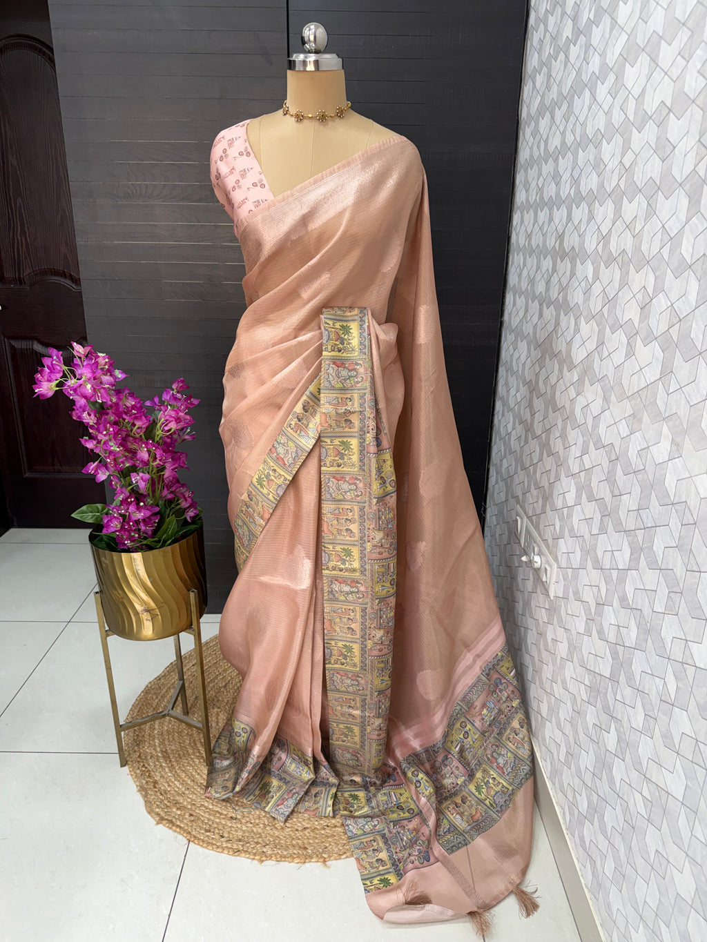 Blush Heritage Print Border Tissue saree