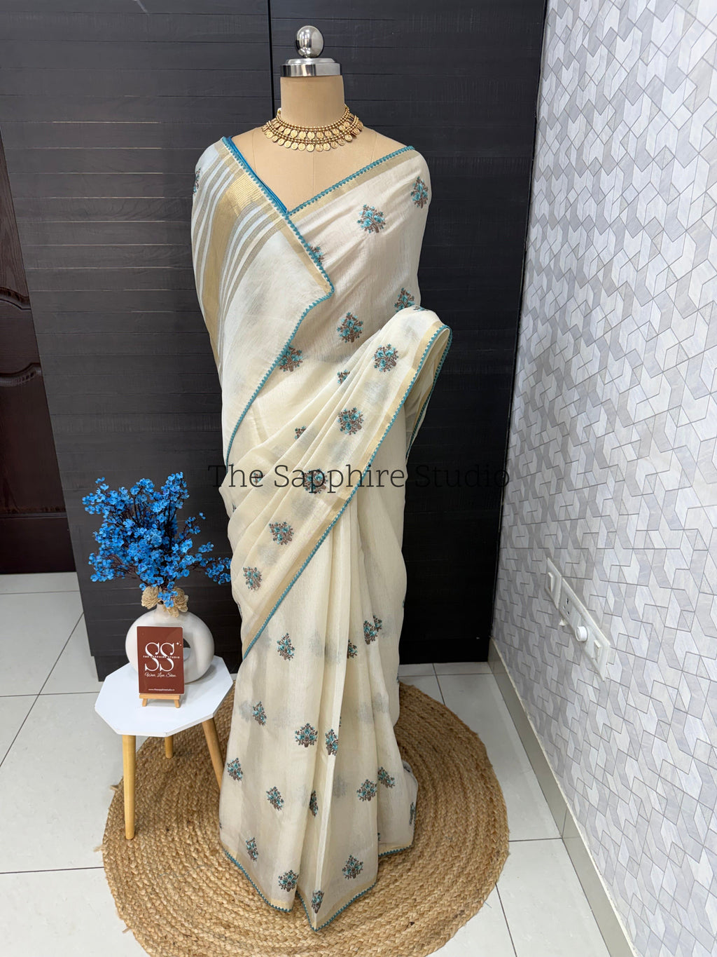 Onam/ Vishu Tissue Saree with Embroidery - Floral - Blue (Comes with contrast blue blouse)