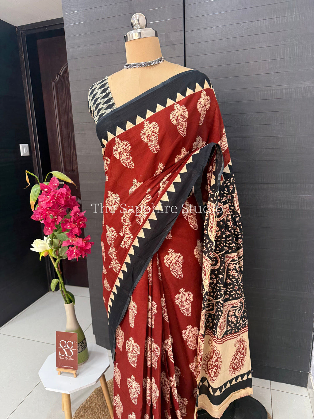 Rust Red & Black Mul Cotton Saree with Readymade Blouse