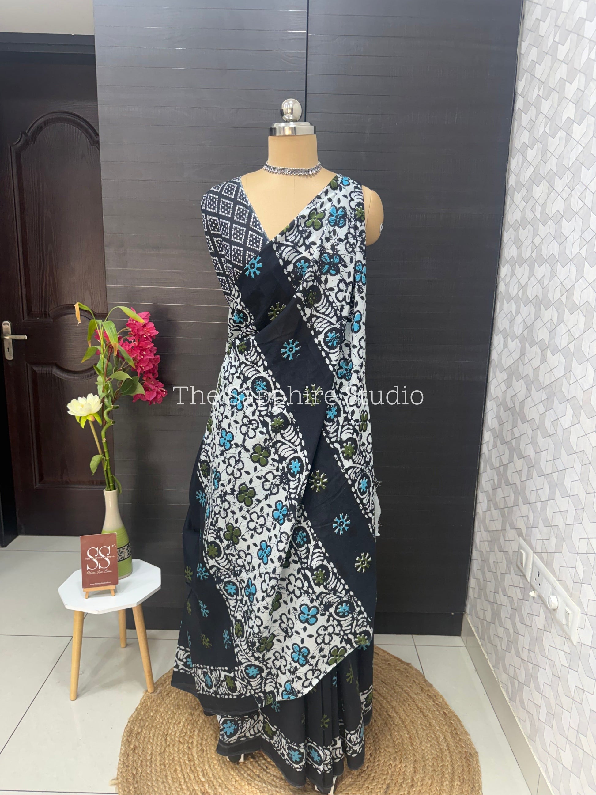 Navy Blue Mul Cotton Saree with Readymade Blouse