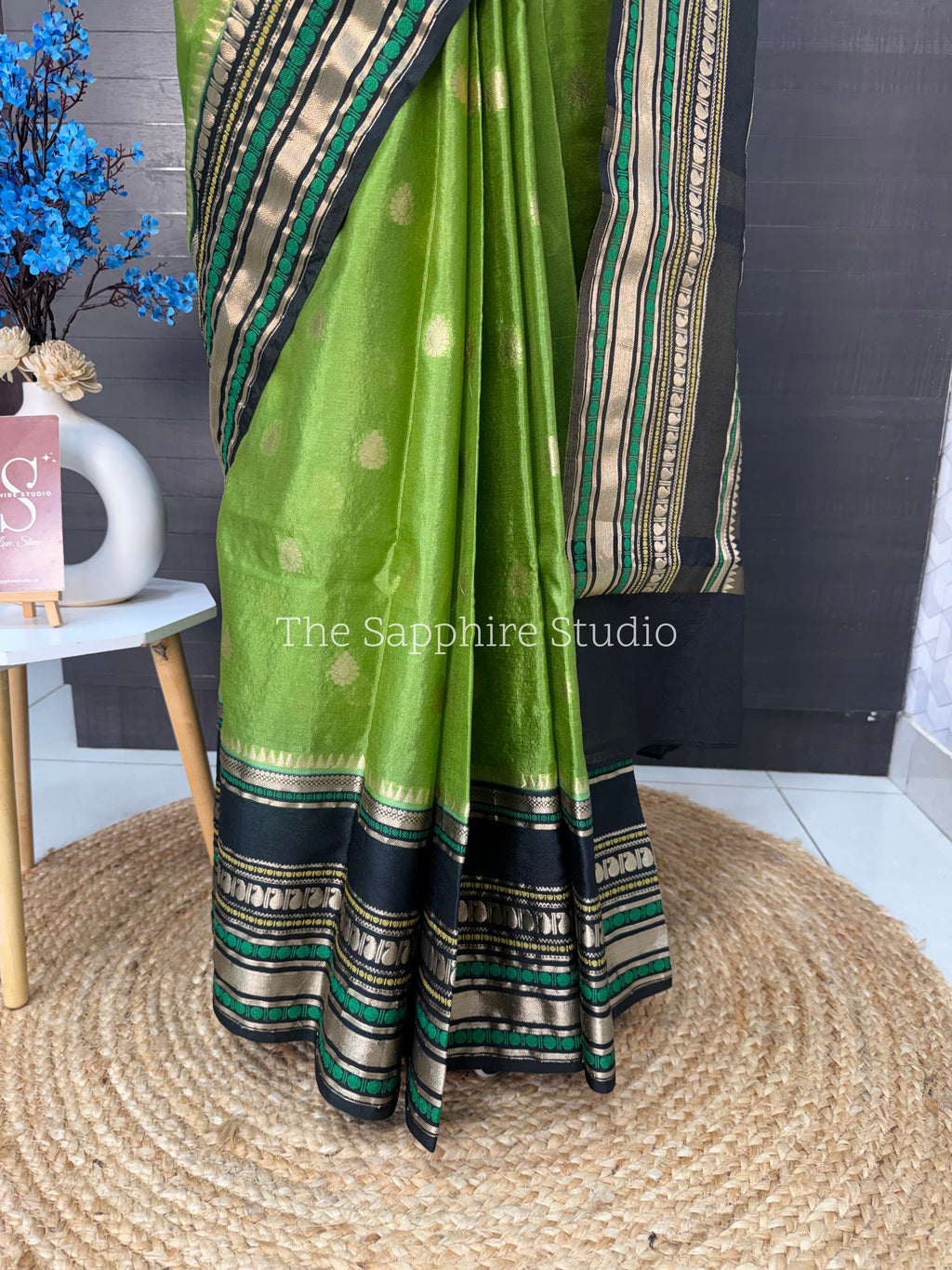 Green & Black Banarasi Chiniya Silk Saree with Zari Border