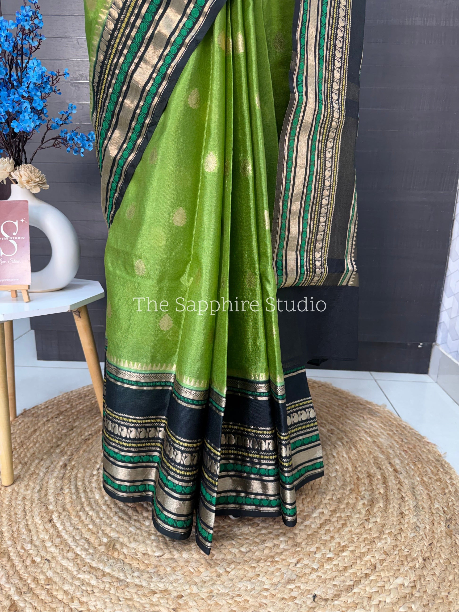 Green & Black Banarasi Chiniya Silk Saree with Zari Border