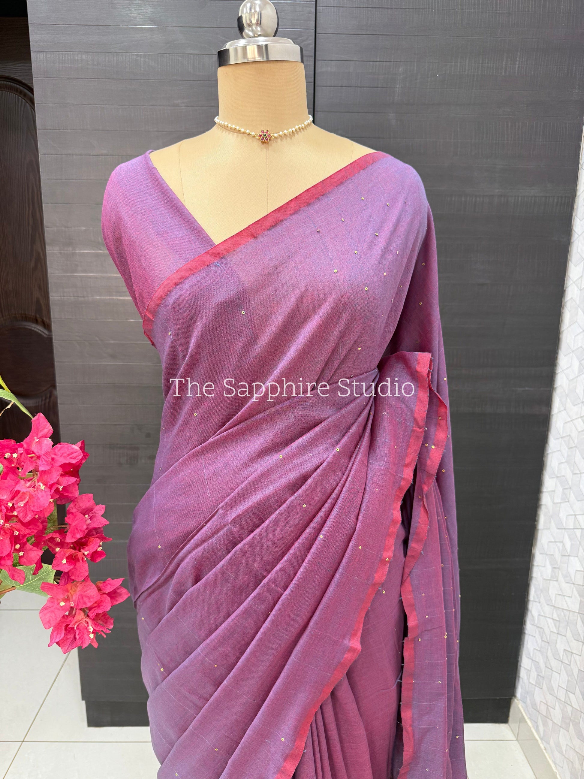 Deep Purple Mul Mul Cotton Saree with Contrast Ready made Blouse