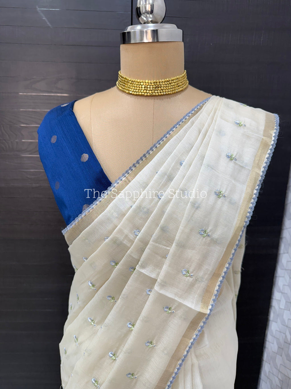 Onam/ Vishu Tissue Saree with Embroidery - small flower work - Light Blue (Comes with contrast blue blouse)