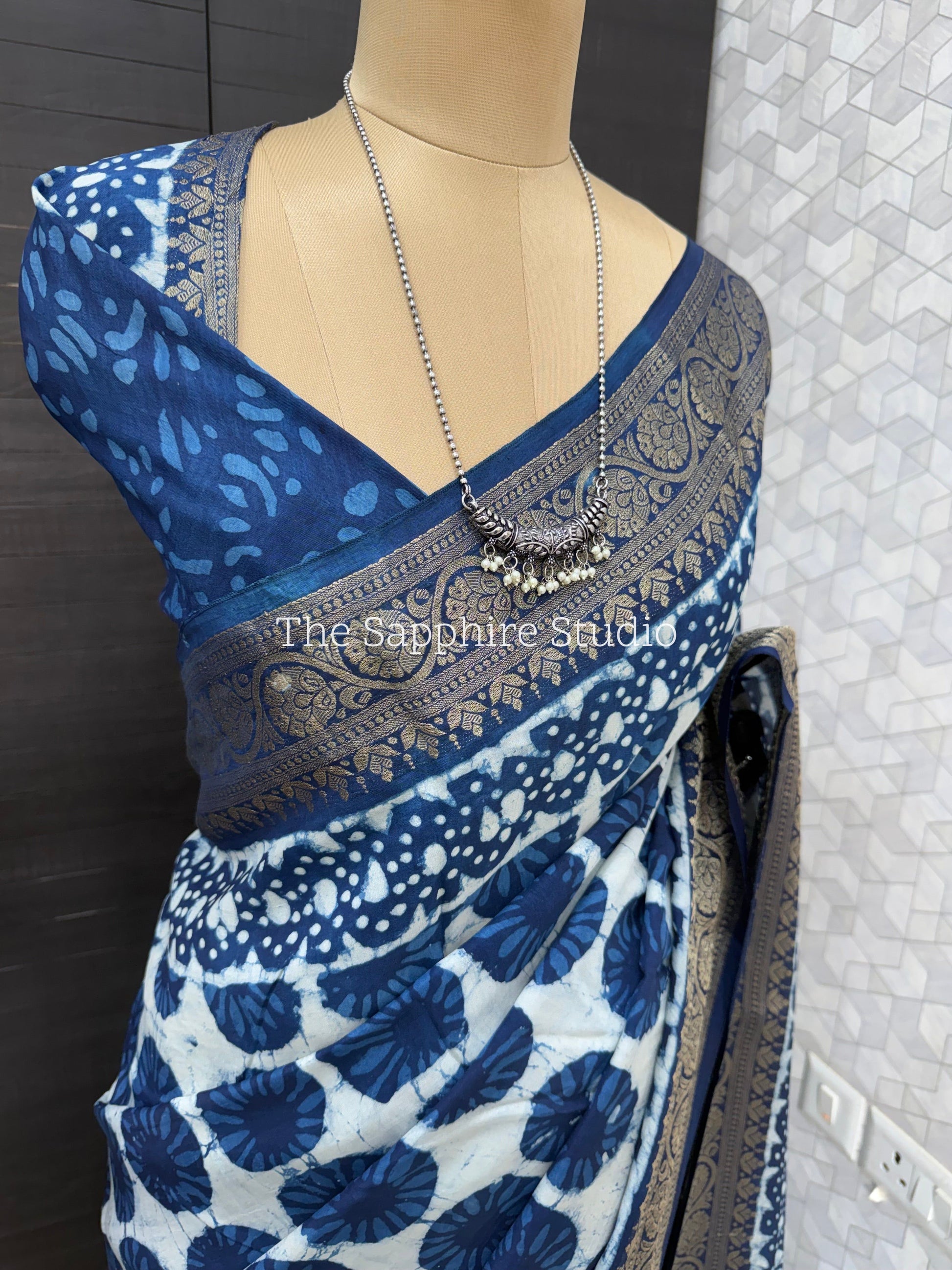 Indigo Dola Silk Saree with Geometric Dabbu Design