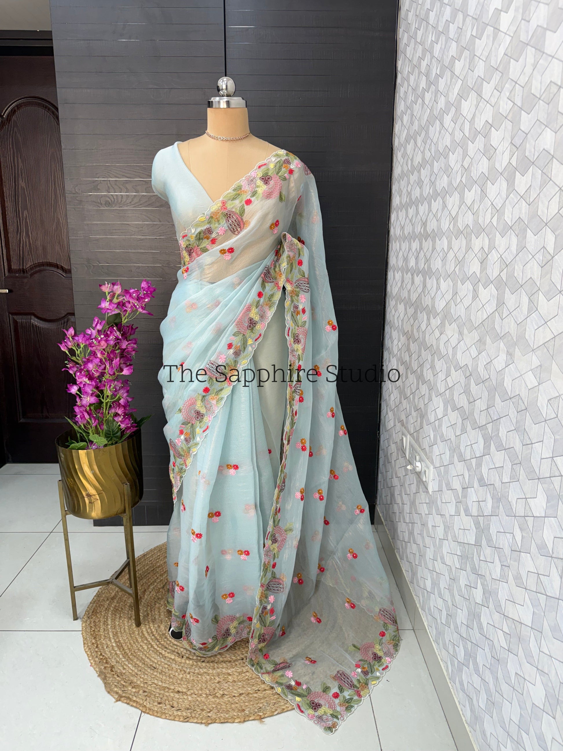 Sky Bloom Hand-Embroidered Organza Saree