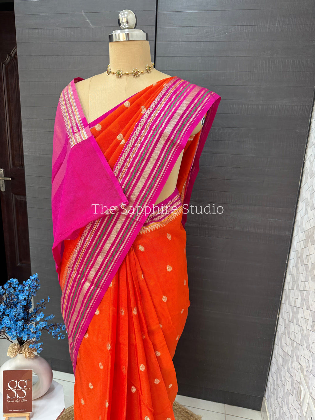 Pink and Orange Banarasi Chiniya Silk Saree with Zari Border