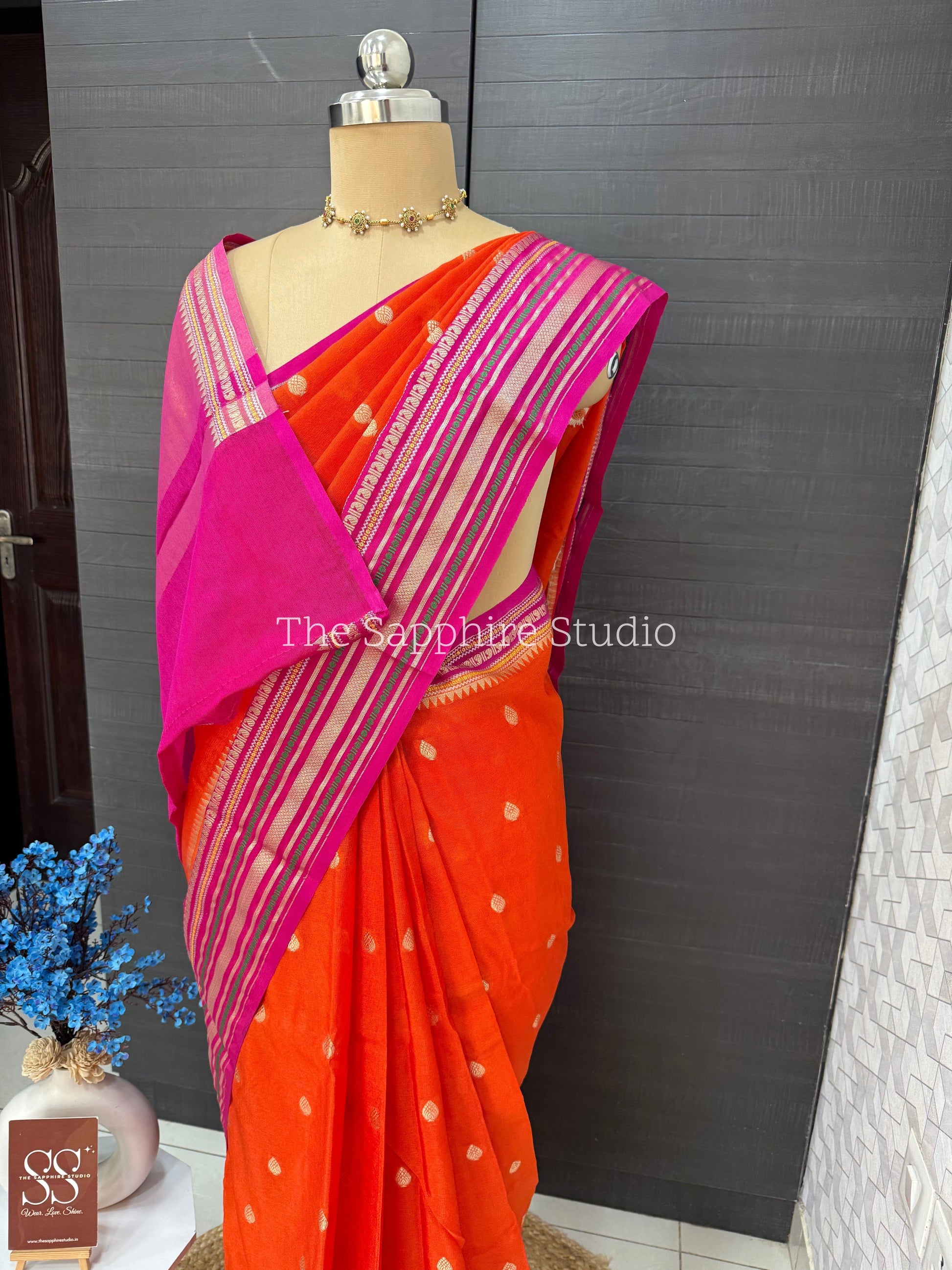 Pink and Orange Banarasi Chiniya Silk Saree with Zari Border