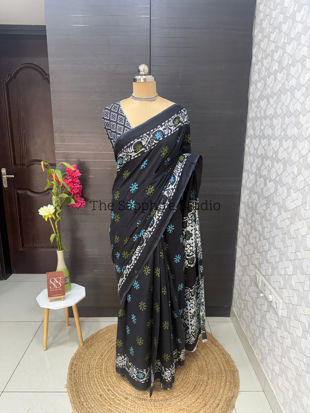 Navy Blue Mul Cotton Saree with Readymade Blouse