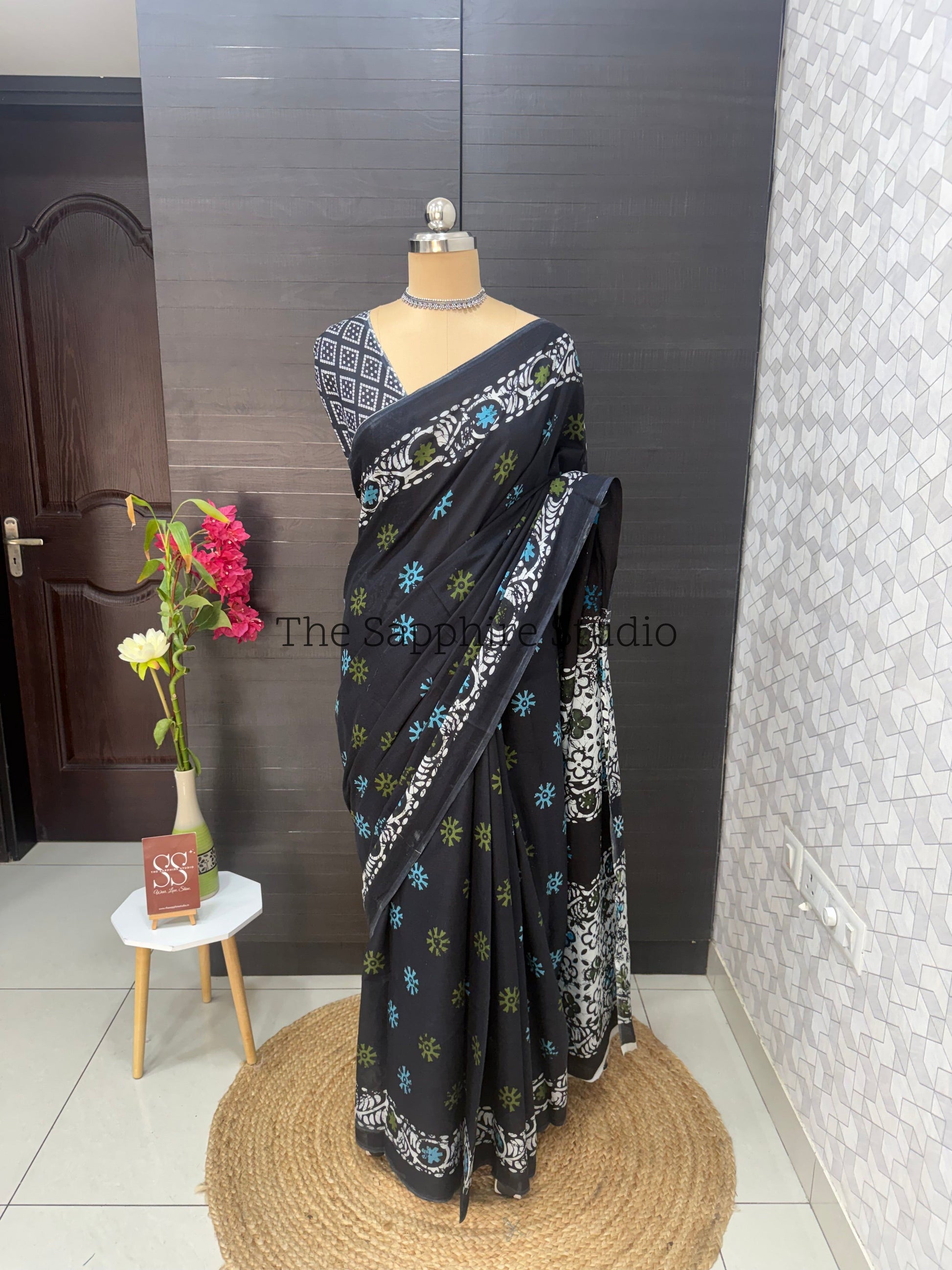 Navy Blue Mul Cotton Saree with Readymade Blouse