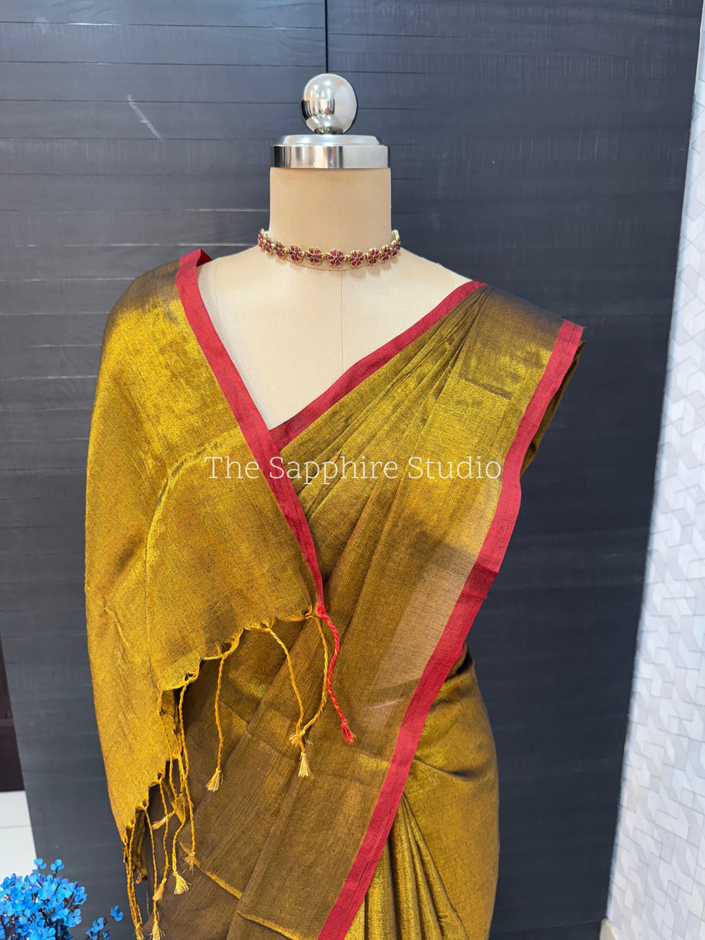 Raga Tissue Golden with maroon border Saree