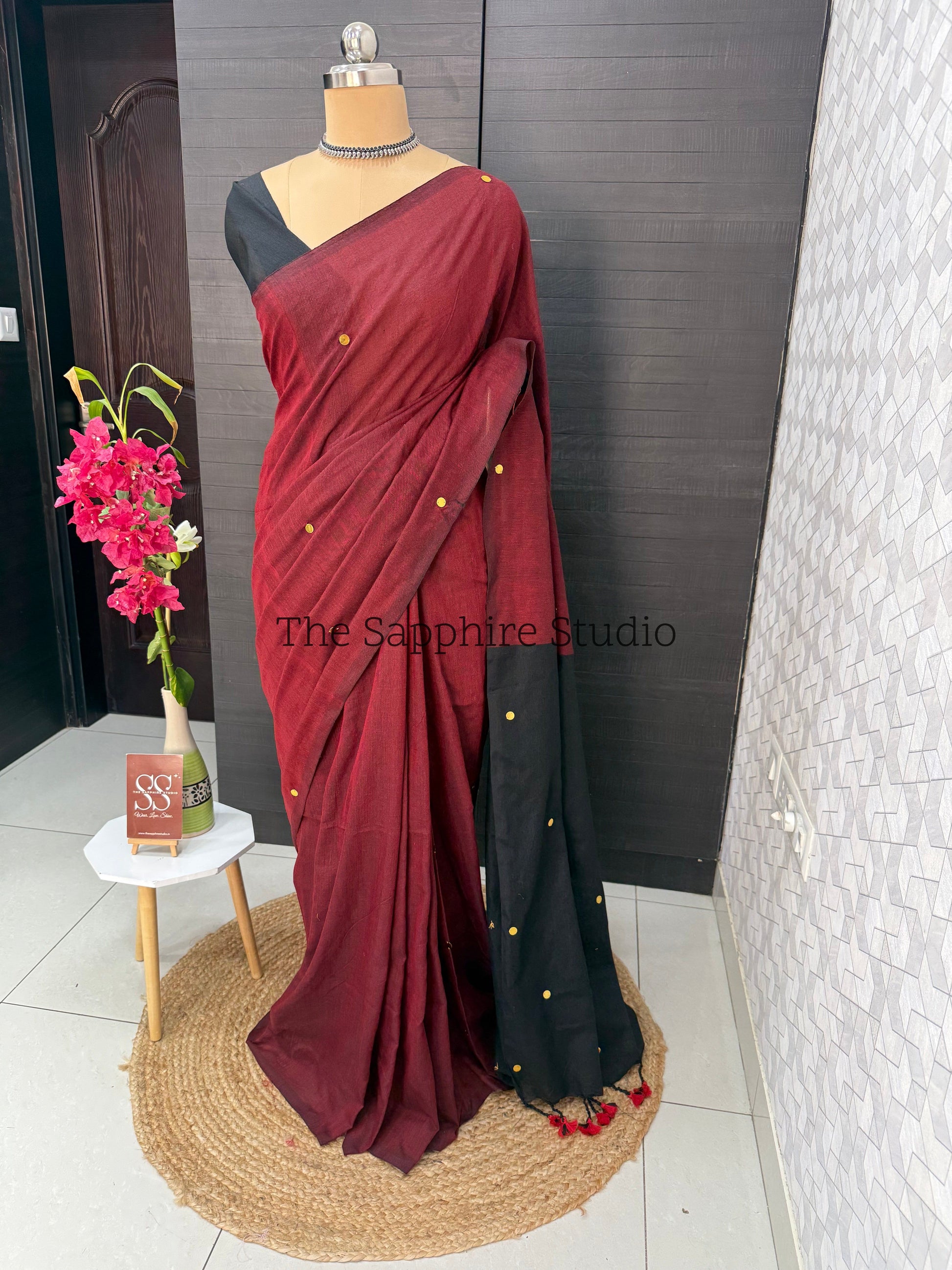 Brick Red & Black Khadi Cotton Saree