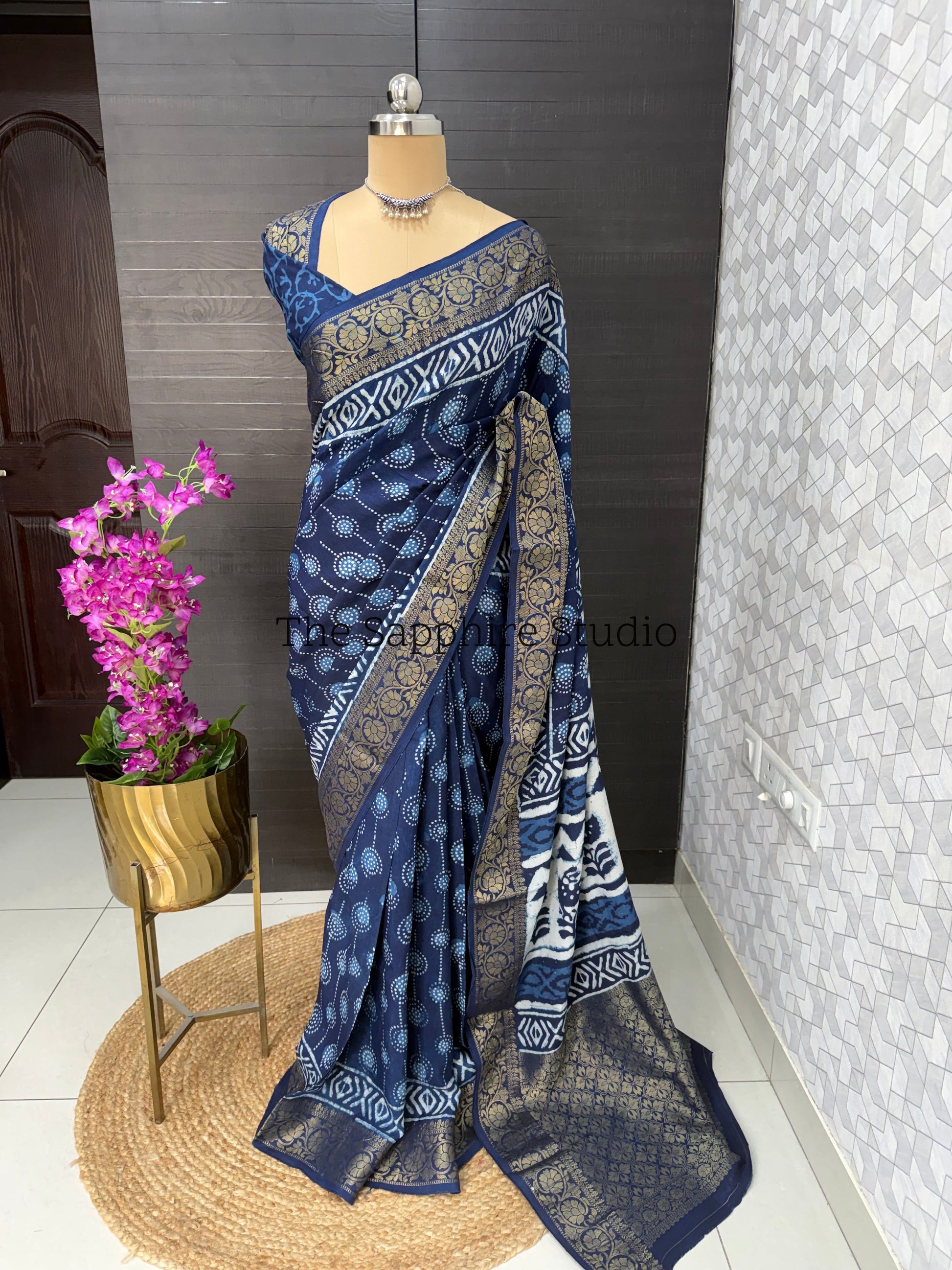 indigo Dabbu print saree with zari border, indigo cotton silk saree for office wear, lightweight saree for daily wear and pooja