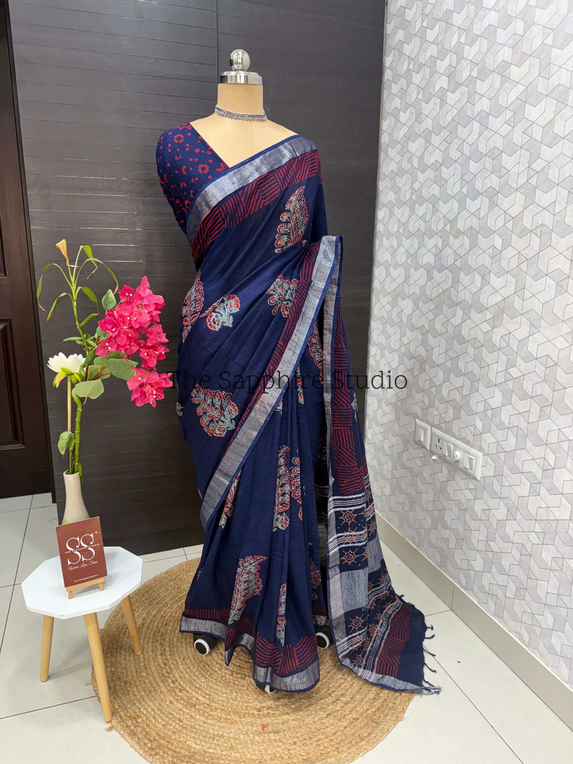 Navy Blue Linen Bagru Saree with Silver Border