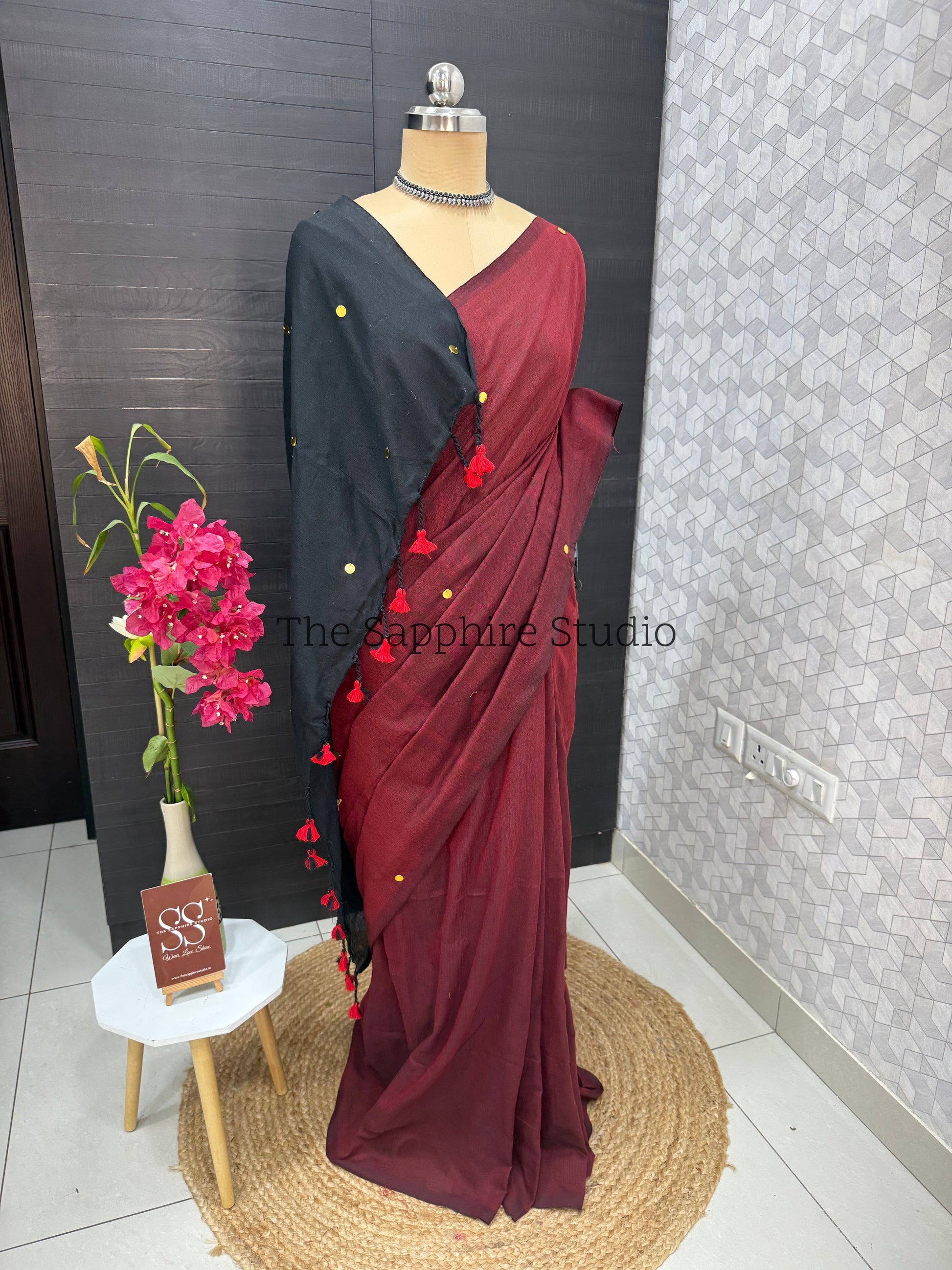 Brick Red & Black Khadi Cotton Saree