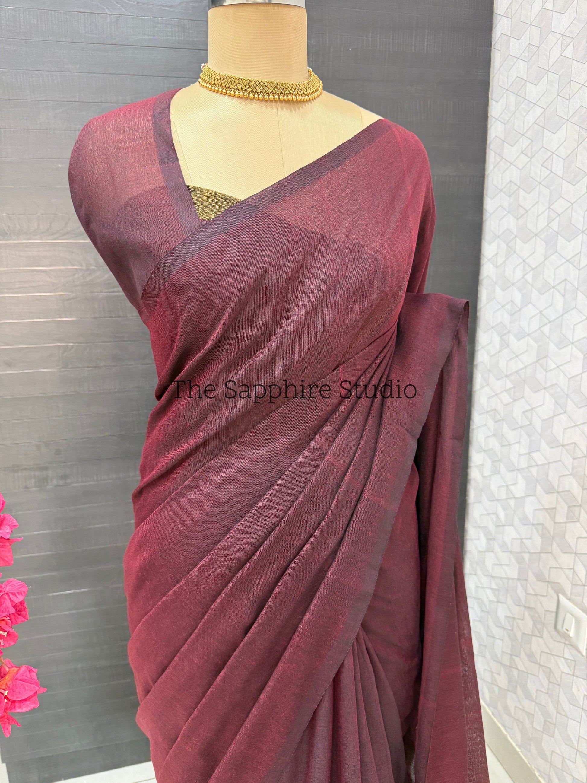 Deep maroon Khadi cotton saree