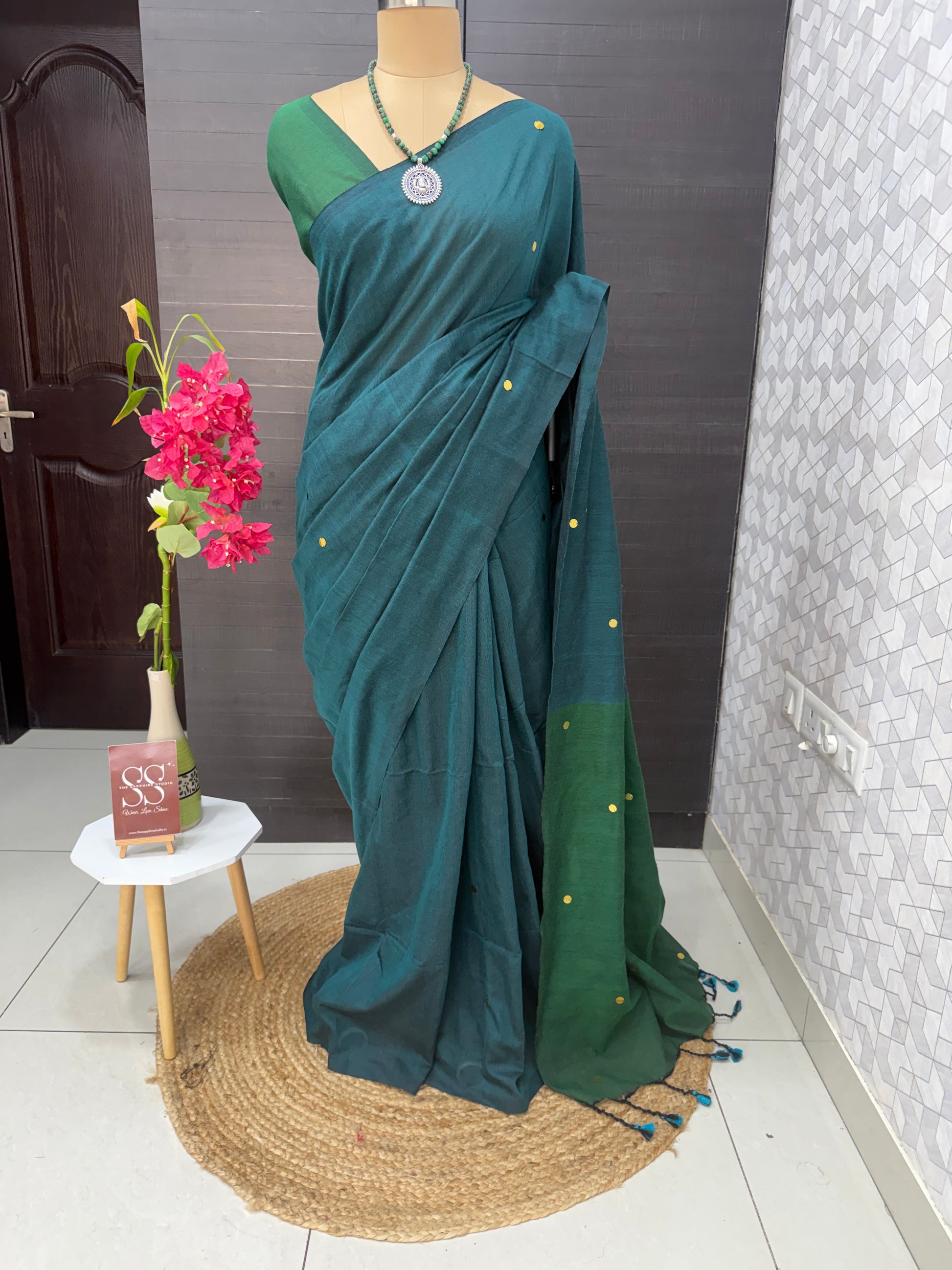 Deep Teal & Bottle Green Khadi Cotton Saree