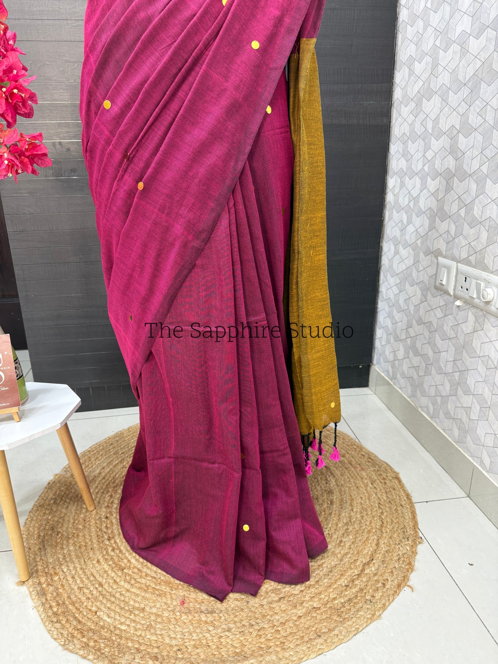 Rani Pink & Mustard Khadi Cotton Saree