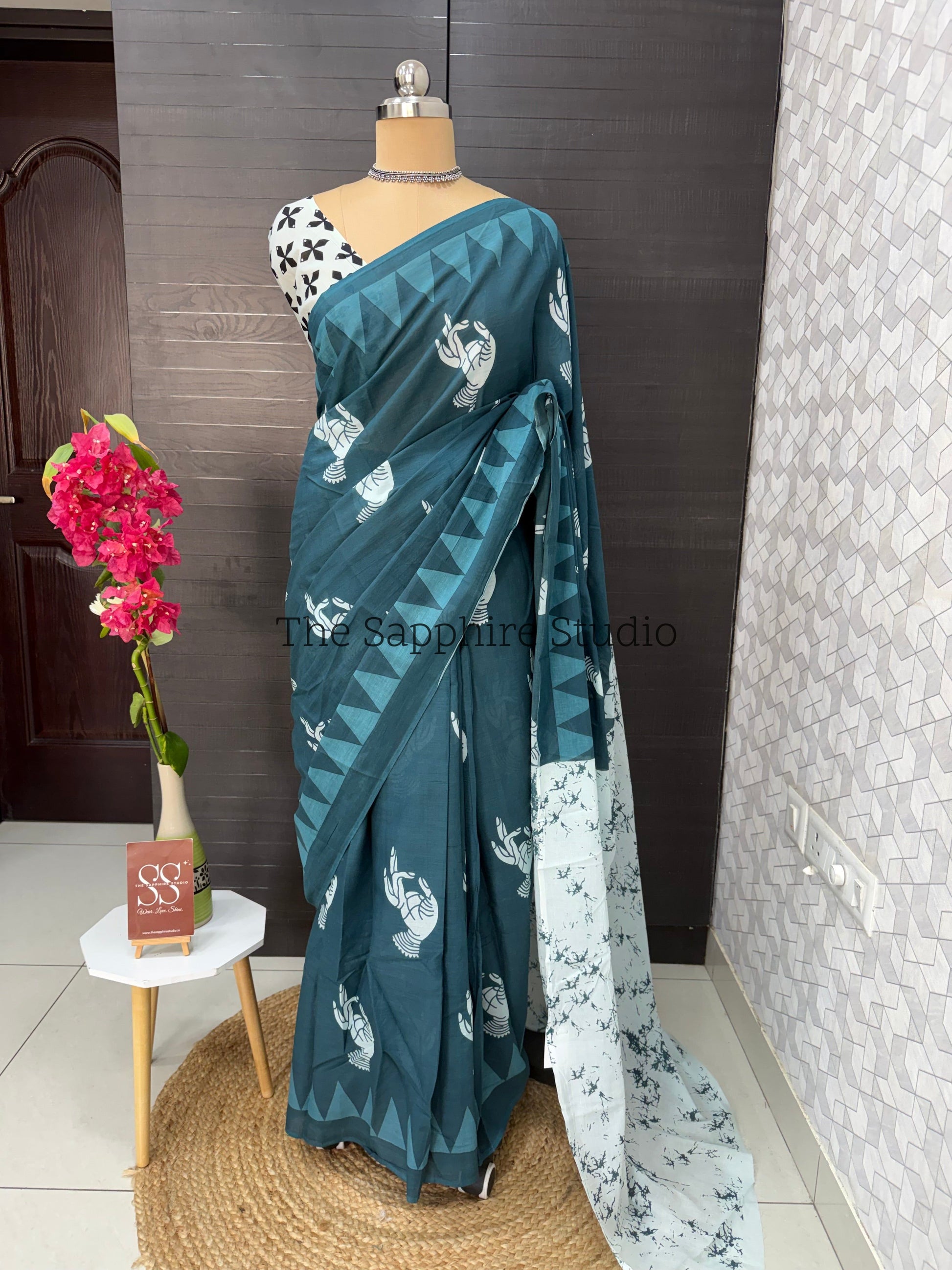 Teal Blue Mul Cotton Saree with Readymade Blouse
