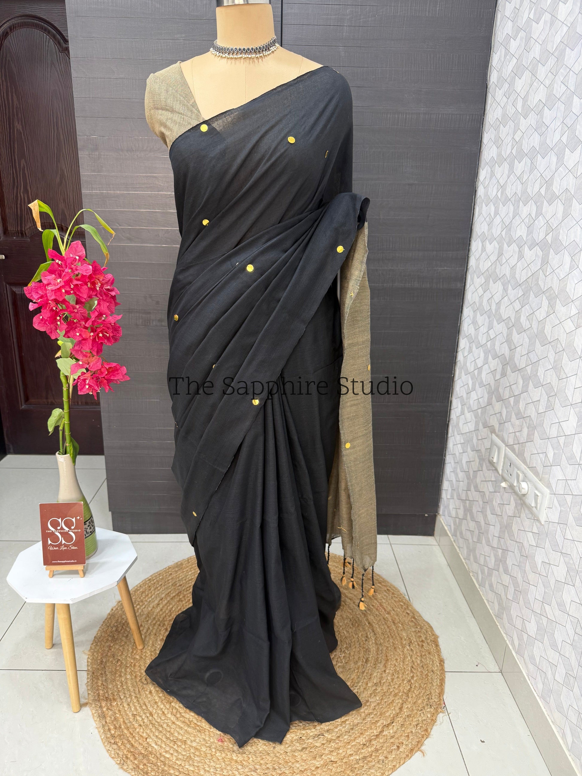 Black & Beige Khadi Cotton Saree