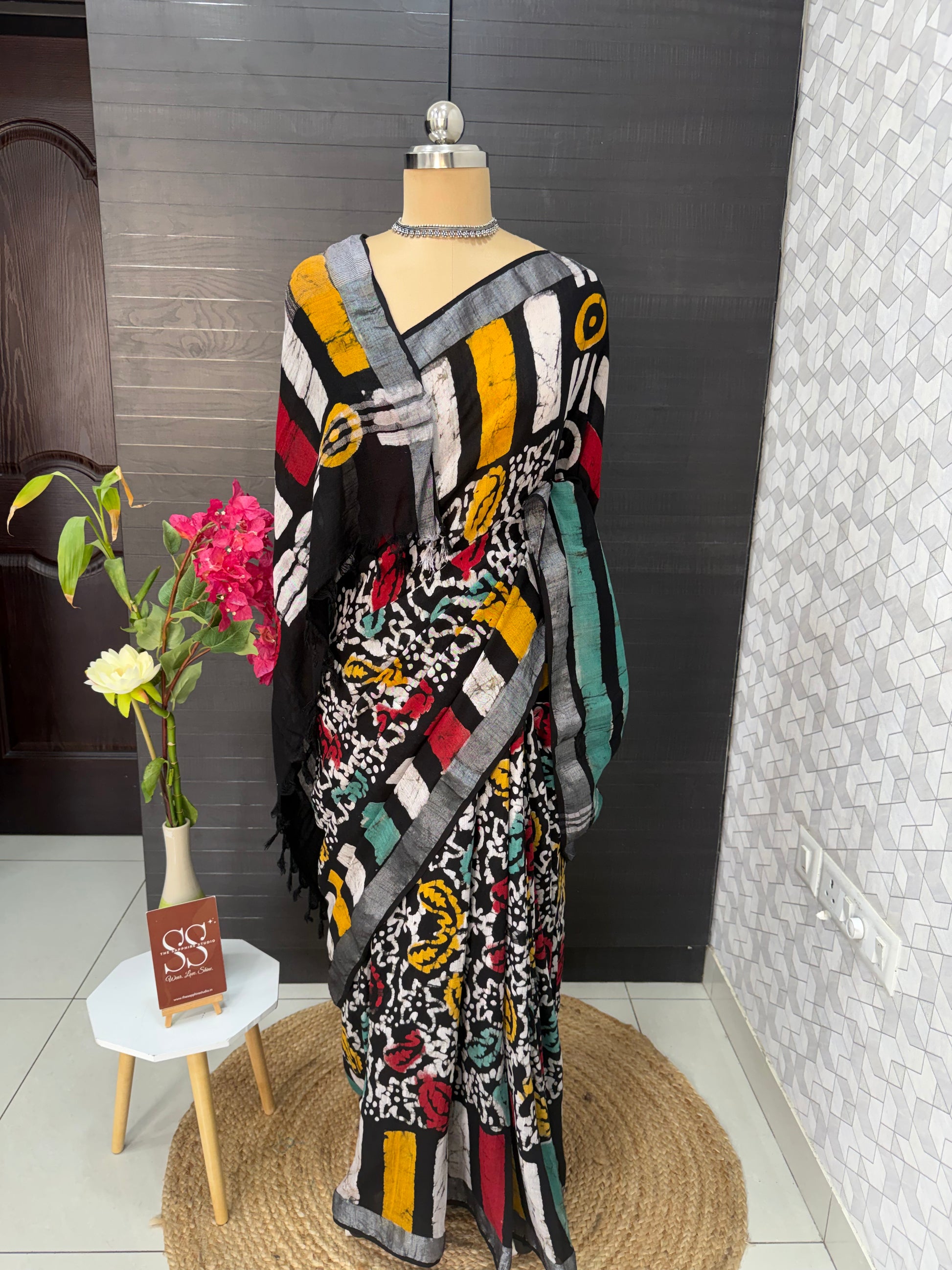 Multicolor Linen Bagru Saree with Running Blouse