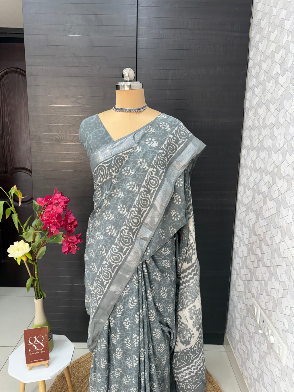 Grey Linen Bagru Saree with Running Blouse