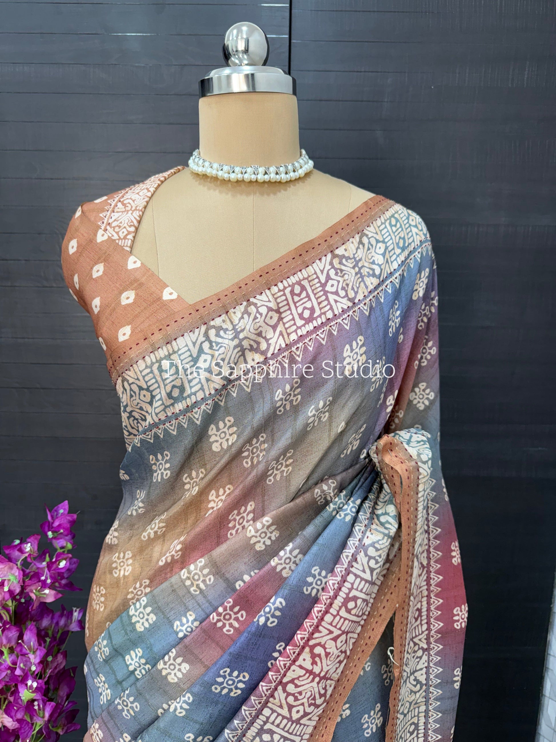 Earth Blend Tussar Saree with Warm Rust Contrast Blouse