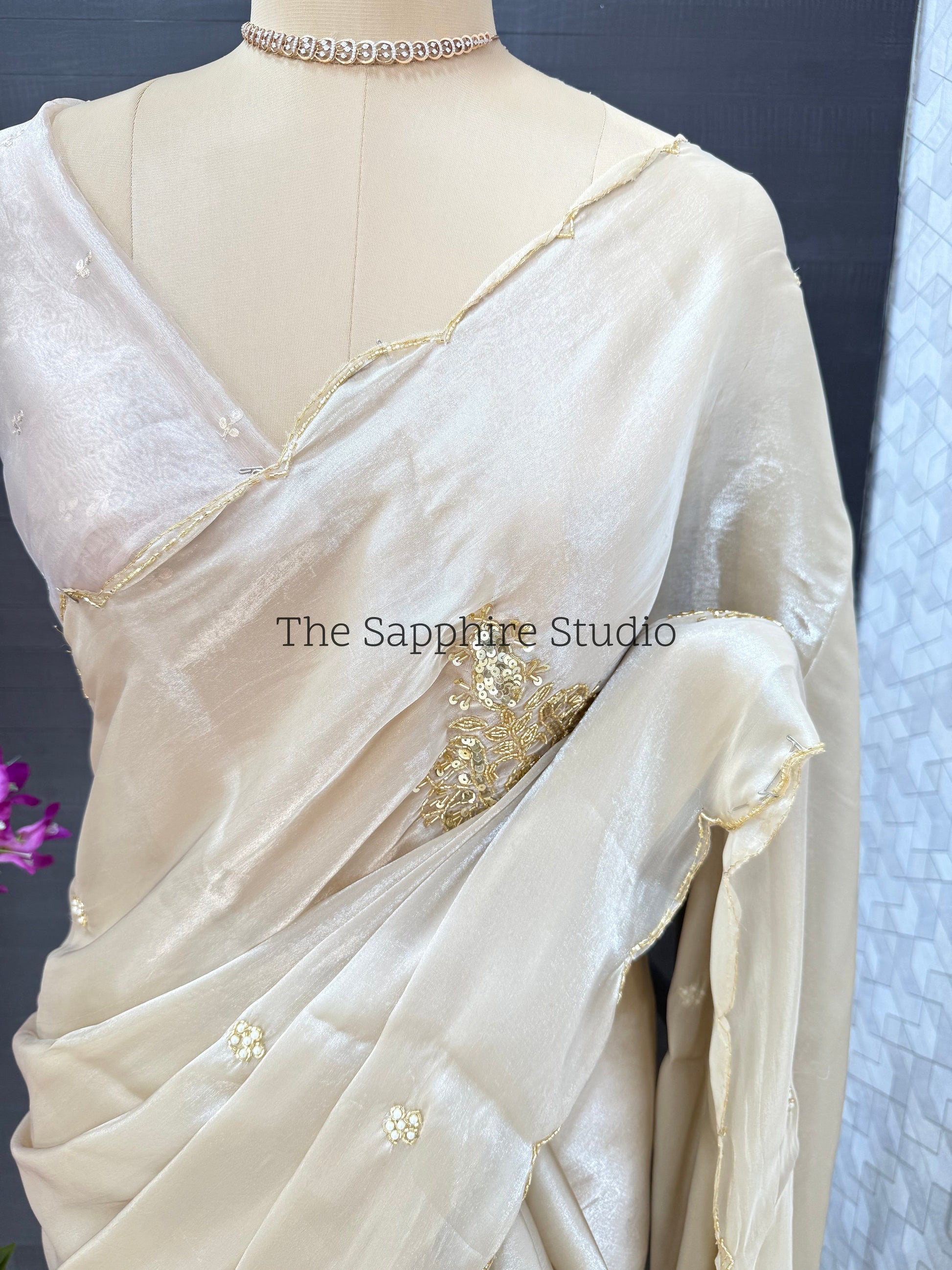 Chikku color satin organza mix saree