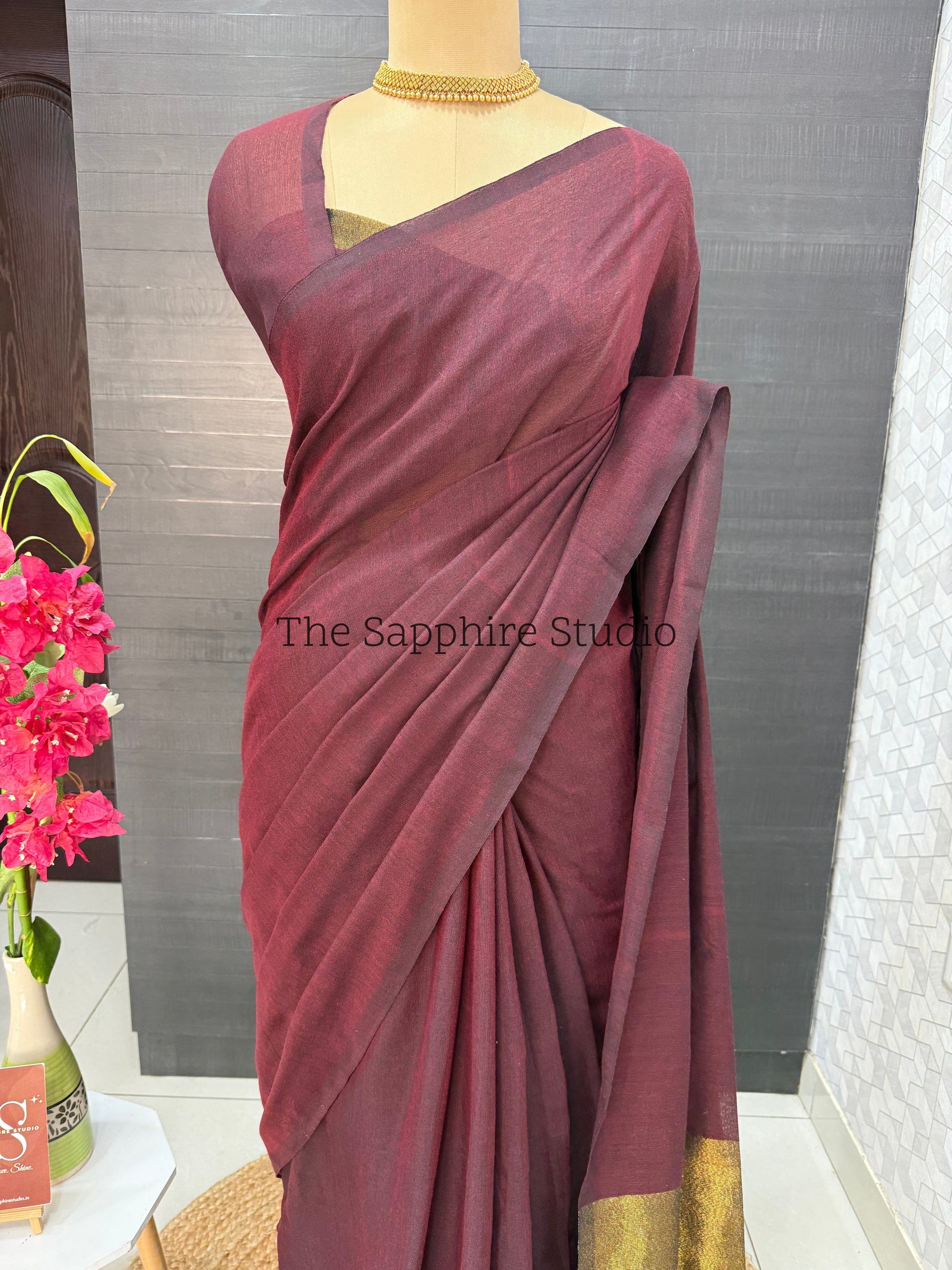Deep maroon Khadi cotton saree