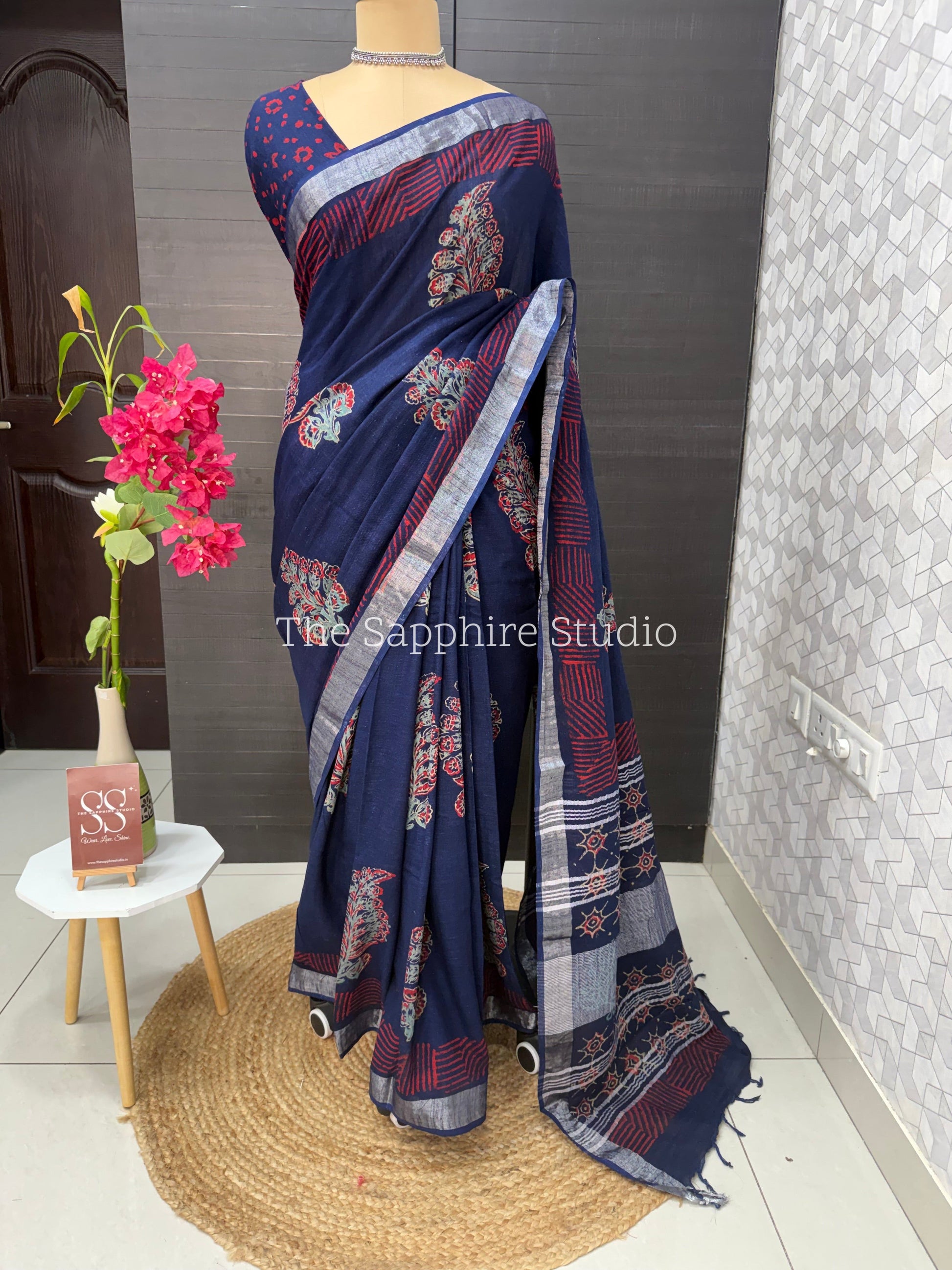 Navy Blue Linen Bagru Saree with Silver Border