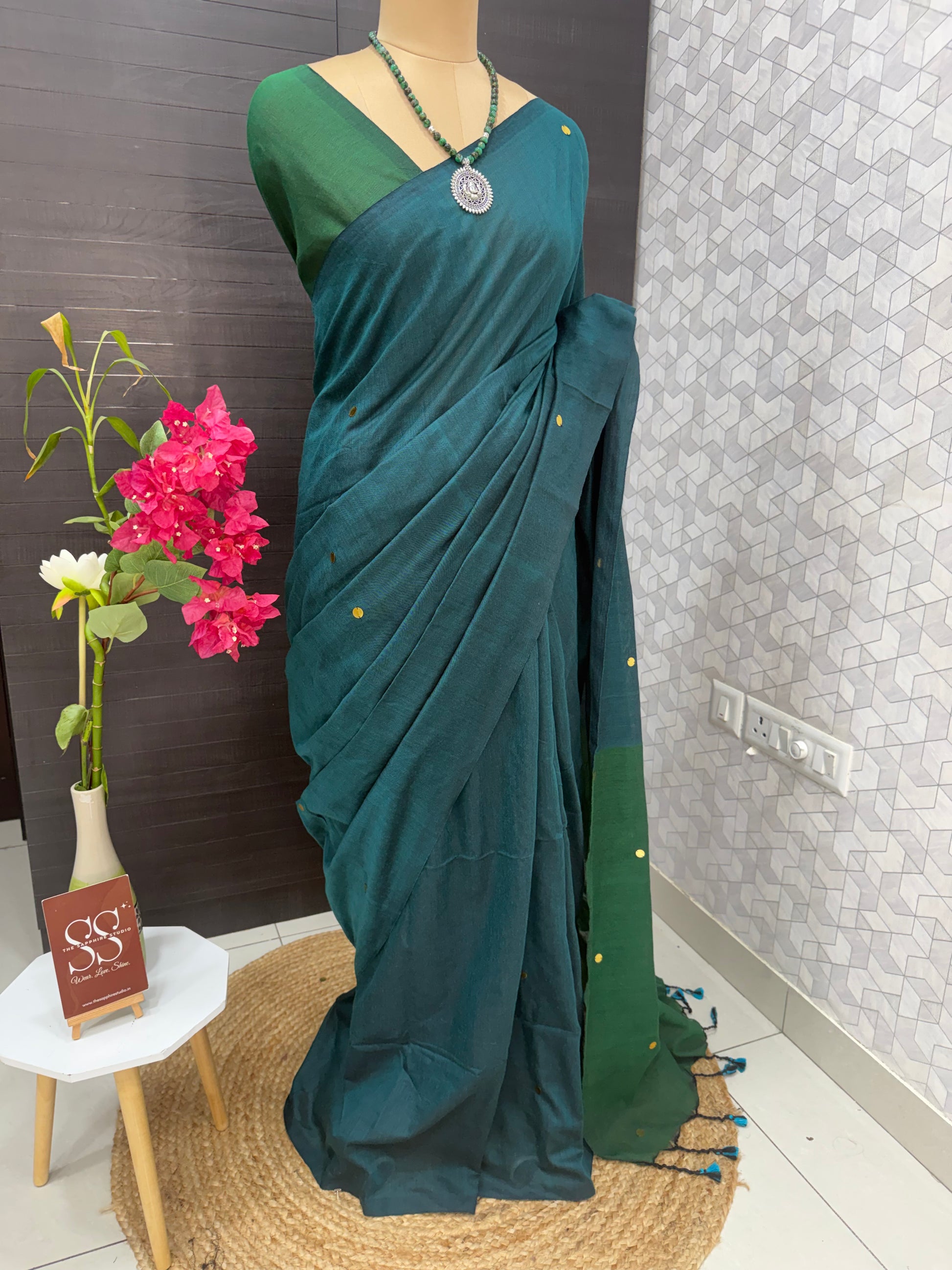 Deep Teal & Bottle Green Khadi Cotton Saree