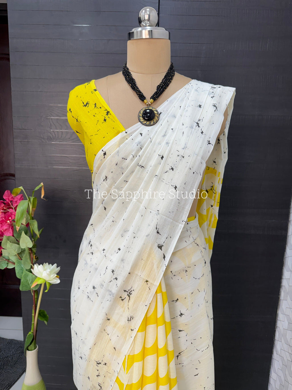Yellow & White Mul Cotton Saree with Readymade Blouse