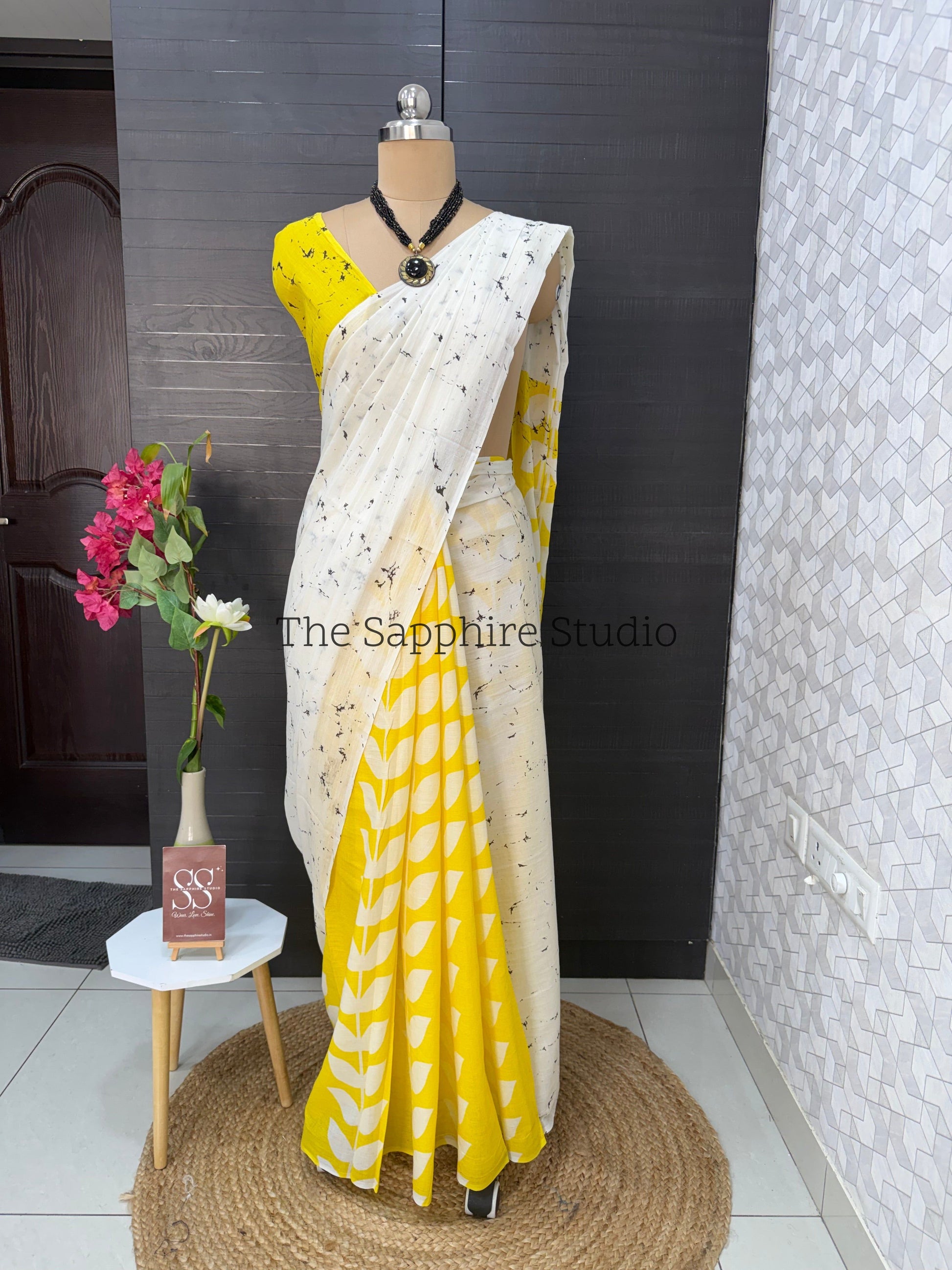 Yellow & White Mul Cotton Saree with Readymade Blouse