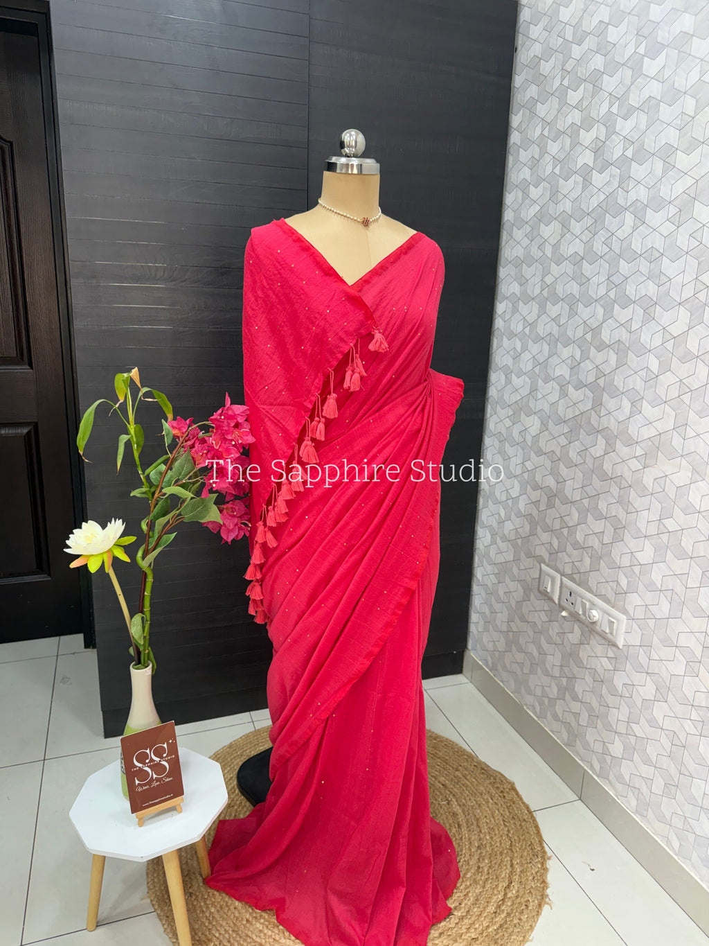 Delicate sequin work light pink mul cotton saree with ready made blouse