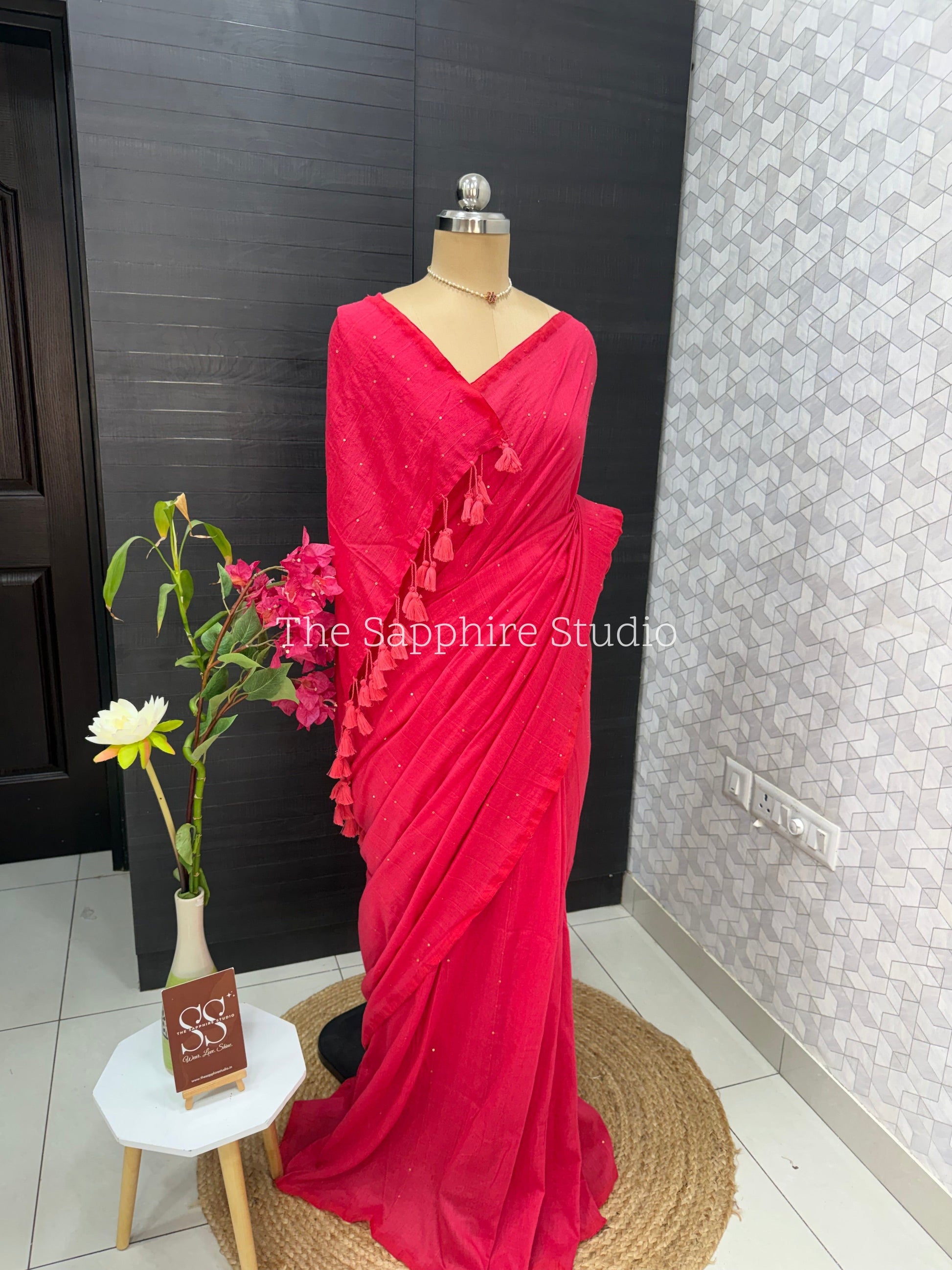 Delicate sequin work light pink mul cotton saree with ready made blouse
