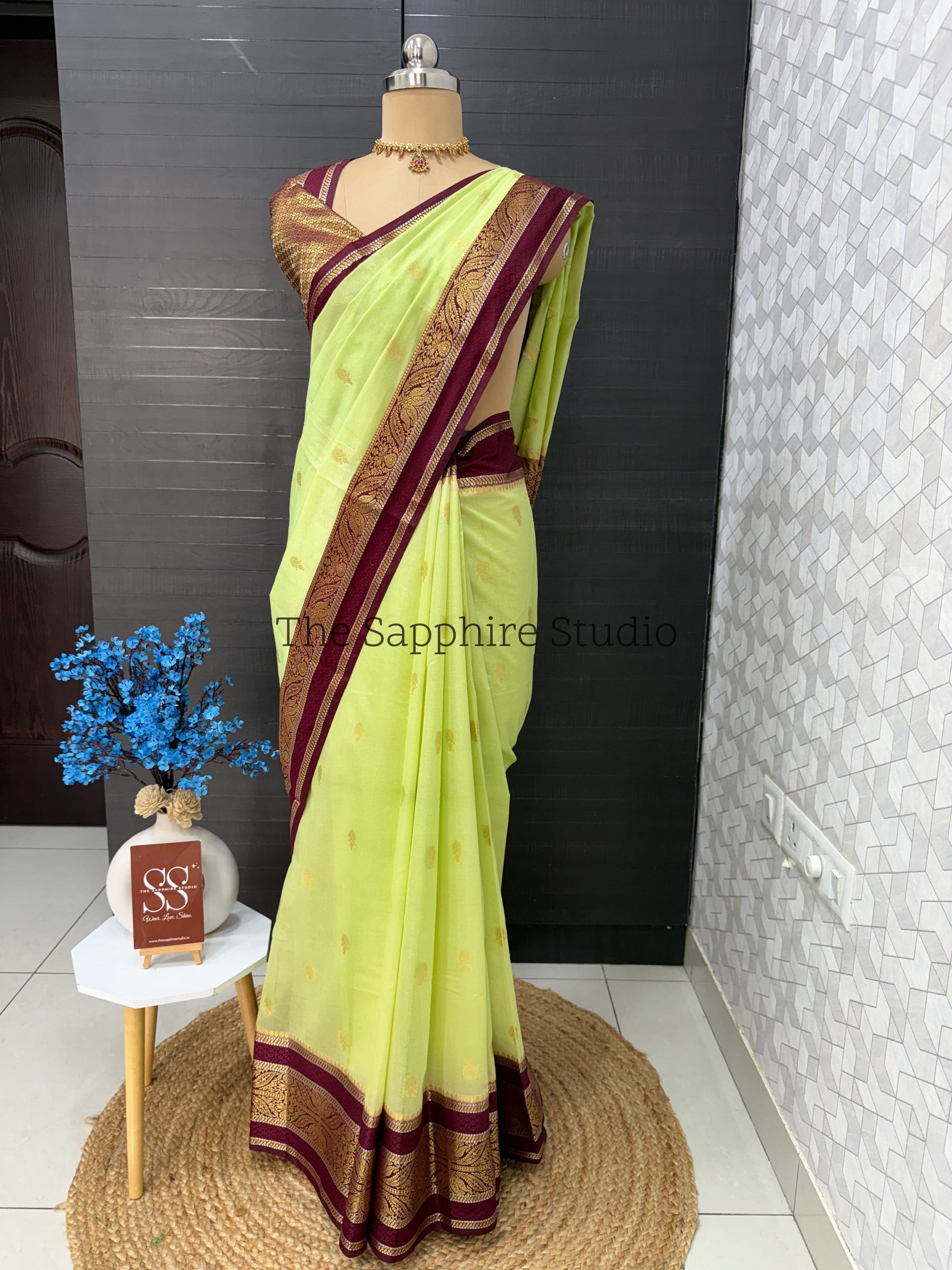 Lime Green & Maroon Banarasi Georgette Saree with Satin Border