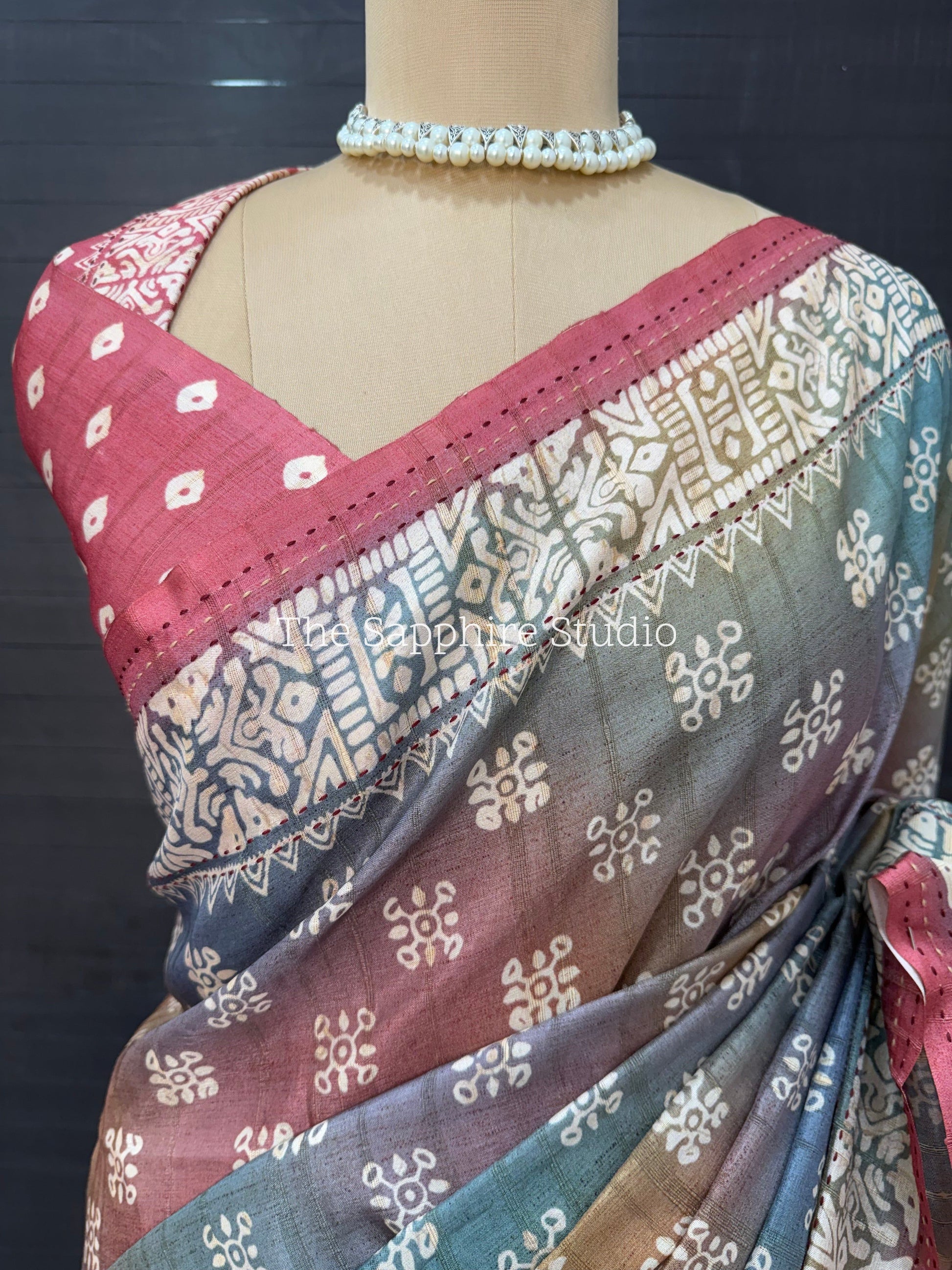 Rose Clay Tussar Saree with Deep Pink Contrast Blouse