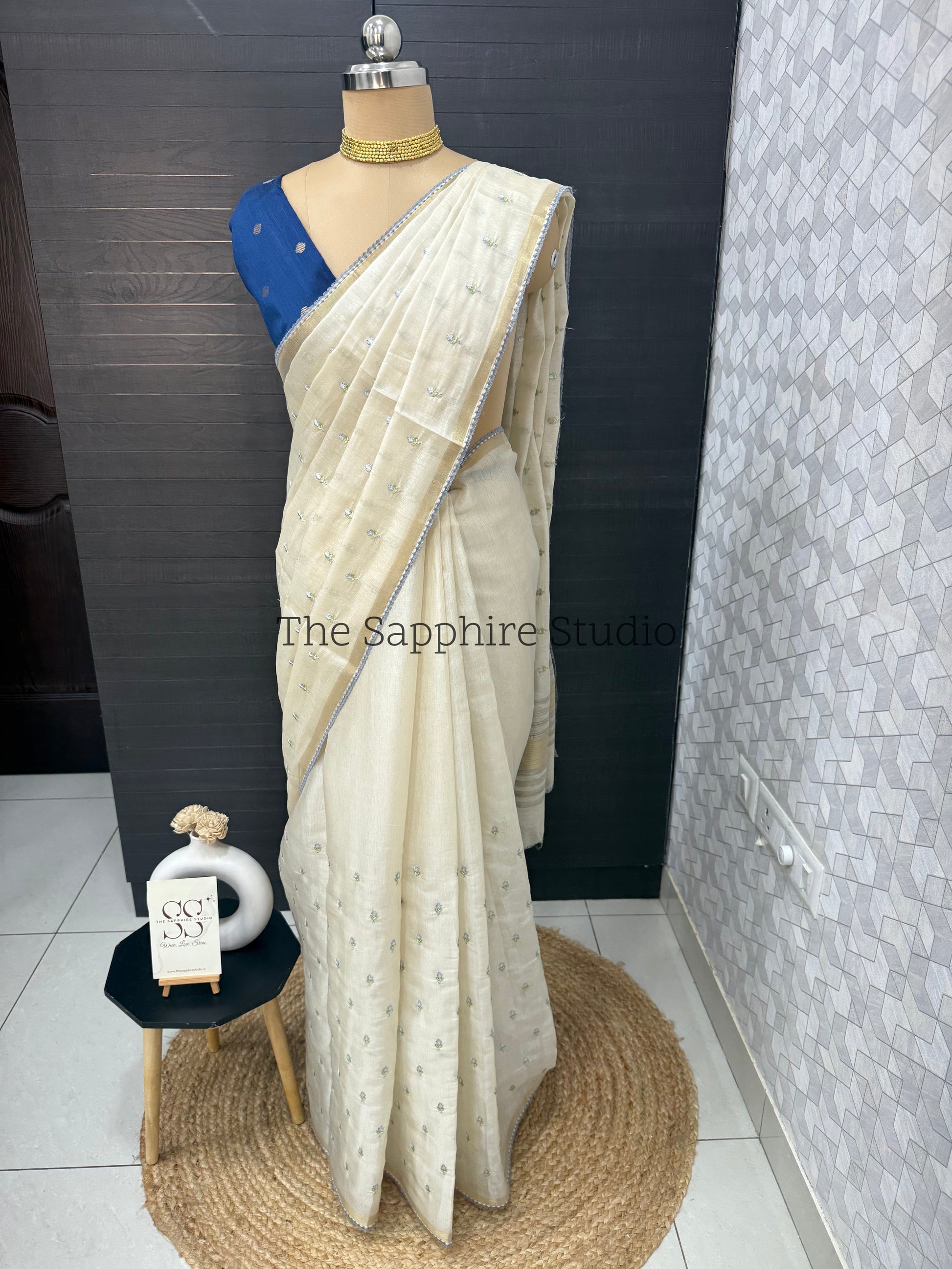 Onam/ Vishu Tissue Saree with Embroidery - small flower work - Light Blue (Comes with contrast blue blouse)