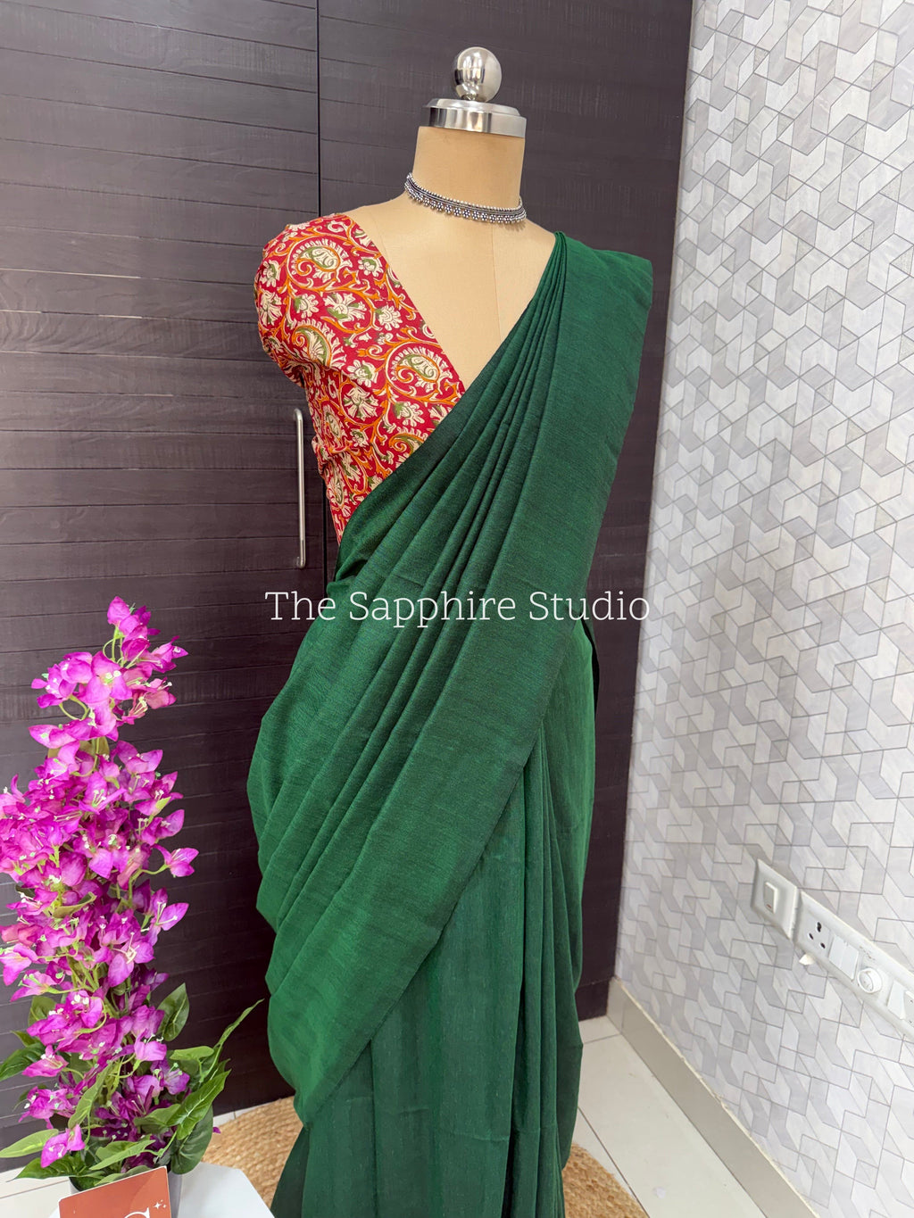 Green khadi cotton saree with Ethnic Contrast Blouse