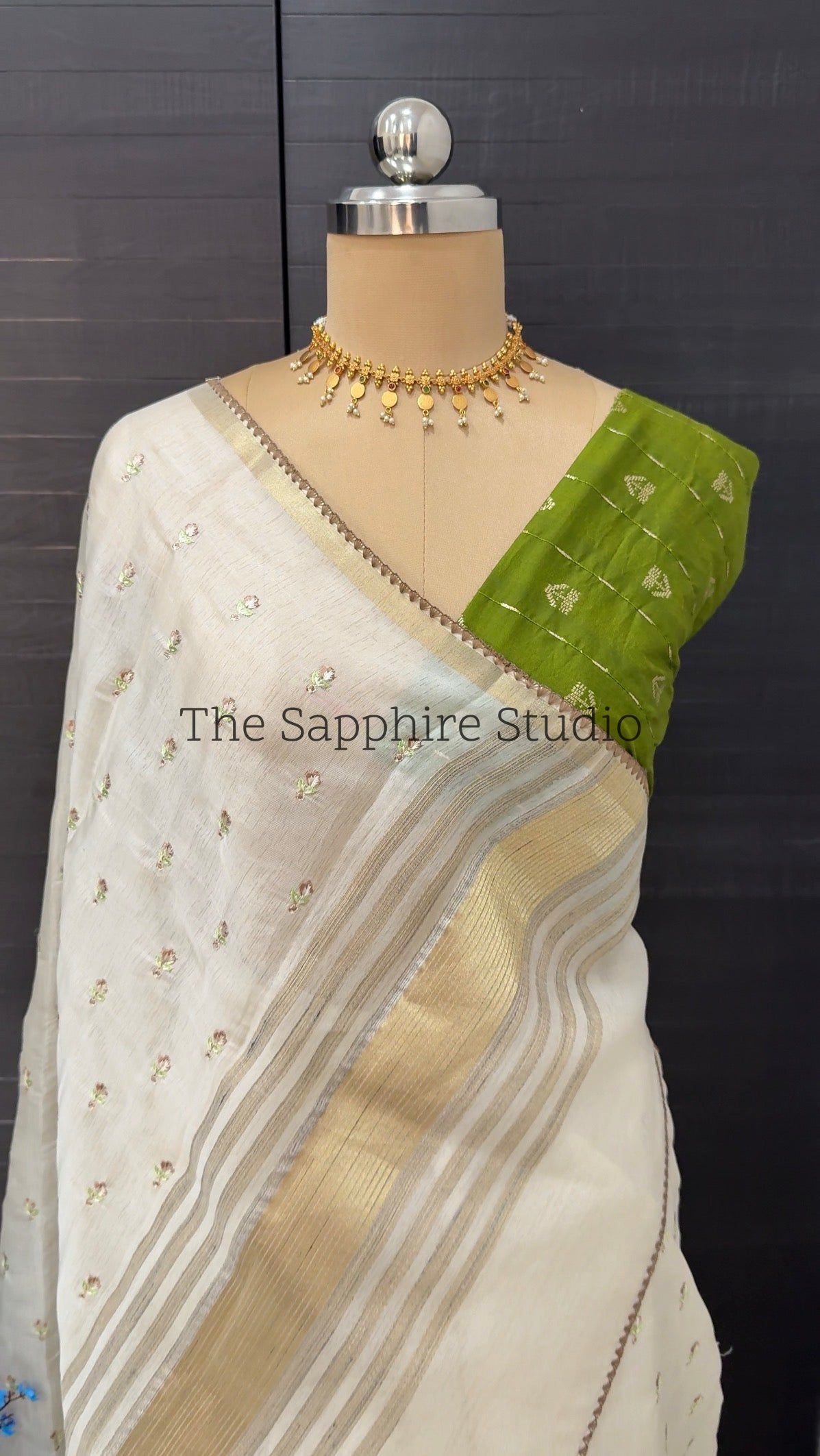Onam/ Vishu Tissue Saree with Embroidery - small flower work - Brown (comes with contrast green blouse)