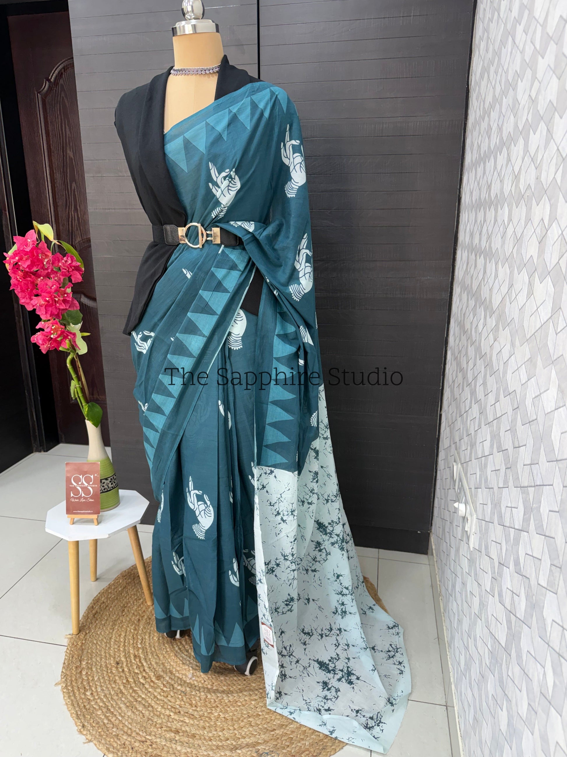 Teal Blue Mul Cotton Saree with Readymade Blouse