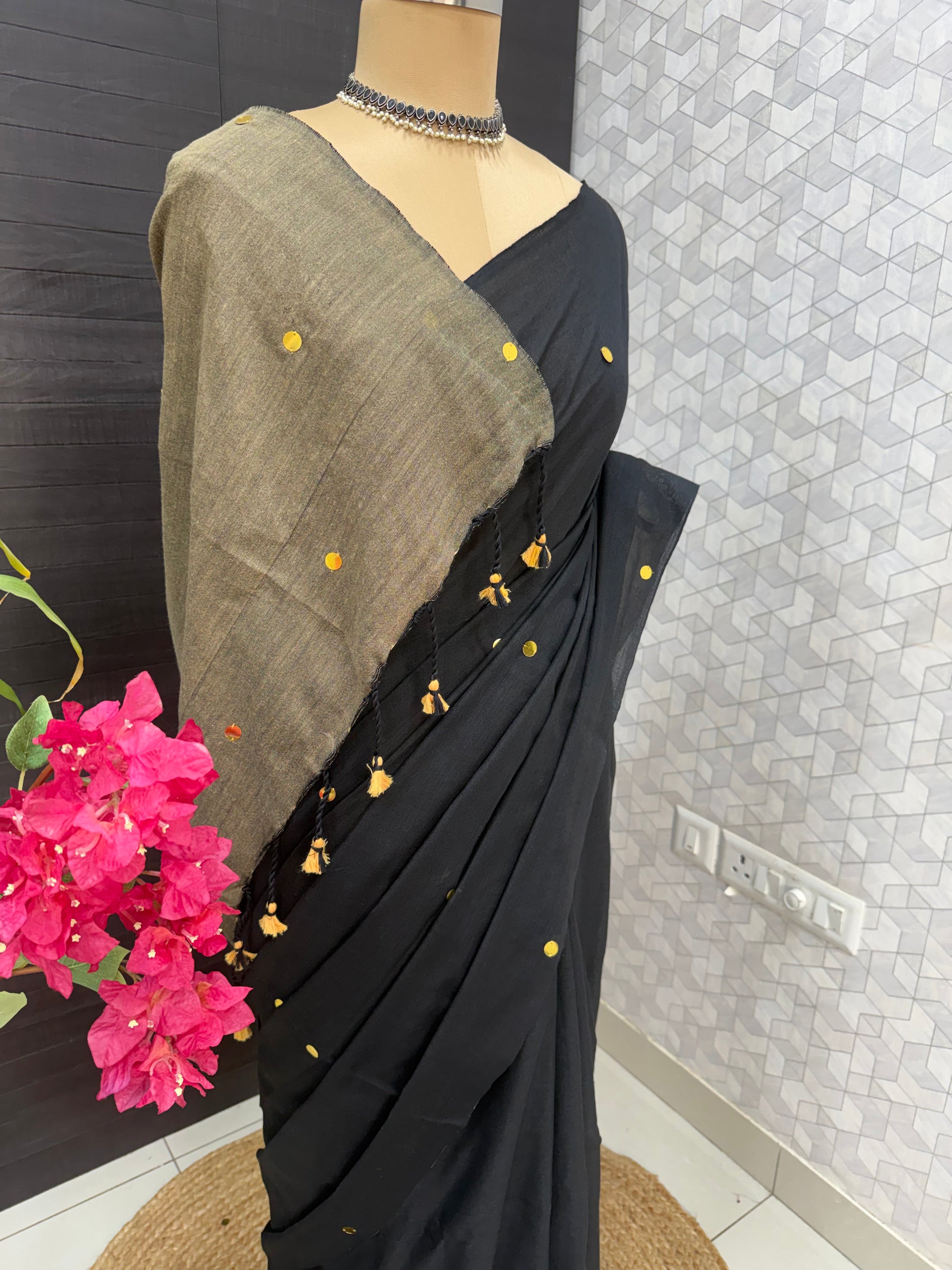 Black & Beige Khadi Cotton Saree