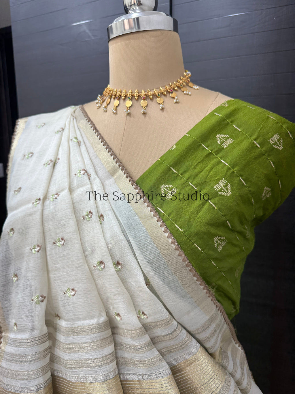 Onam/ Vishu Tissue Saree with Embroidery - small flower work - Brown (comes with contrast green blouse)