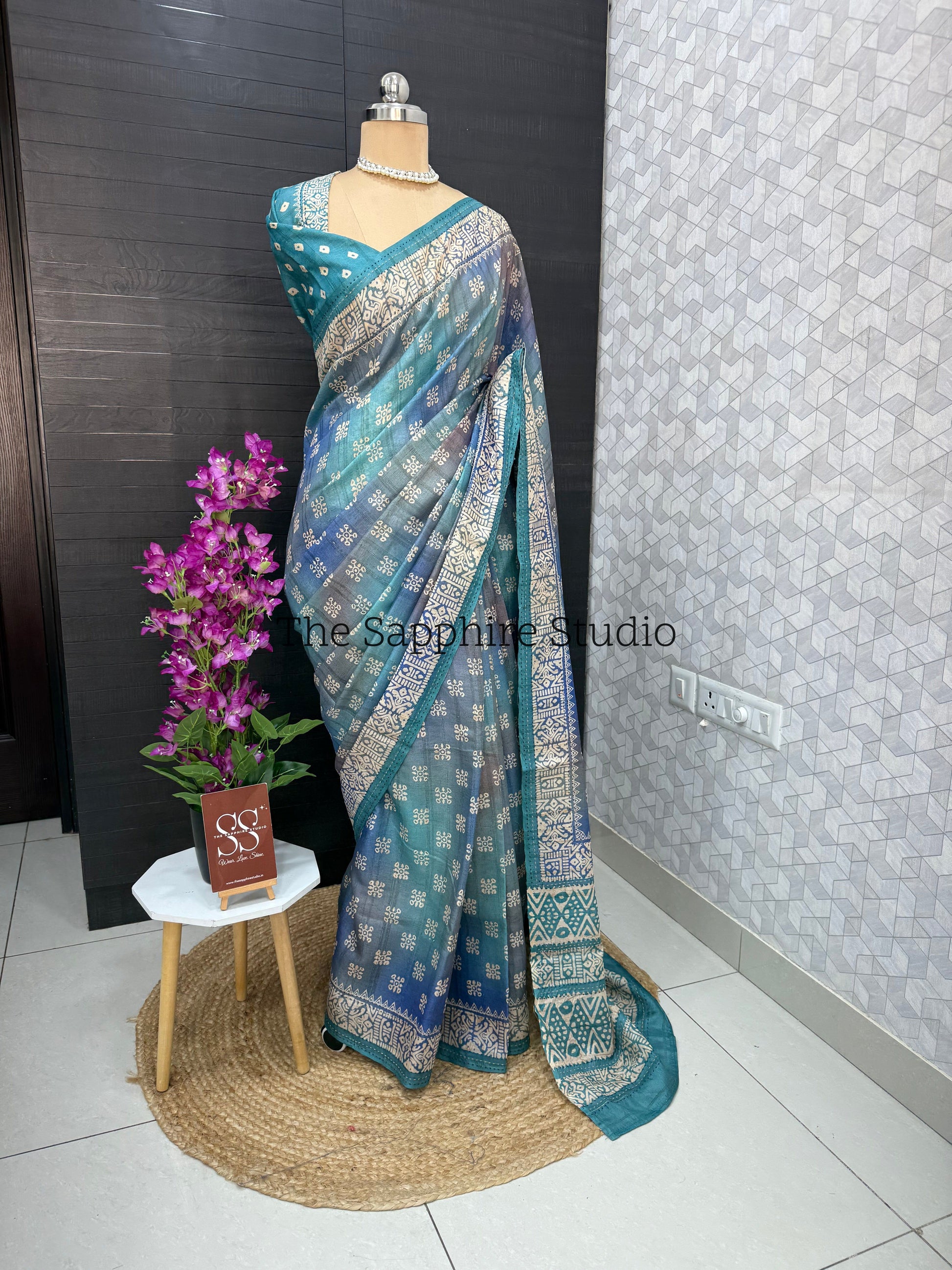 Teal Mist Tussar Saree with Sea Green Contrast Blouse