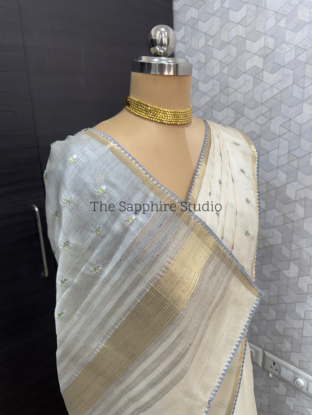 Onam/ Vishu Tissue Saree with Embroidery - small flower work - Light Blue (Comes with contrast blue blouse)