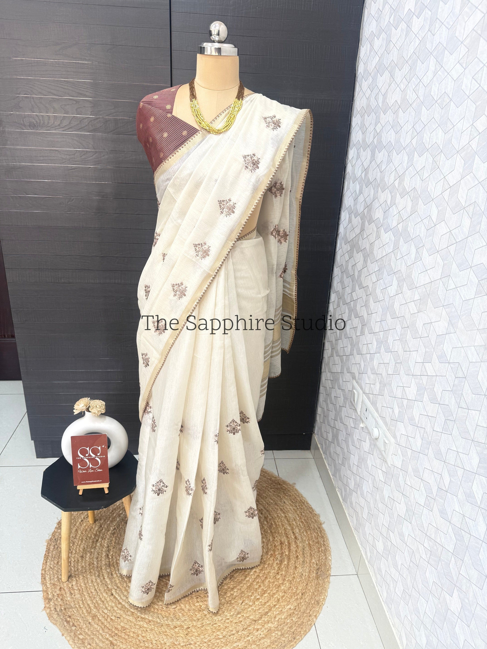Onam/ Vishu Tissue Saree with Embroidery - Floral - Brown (Comes with contrast brown blouse)