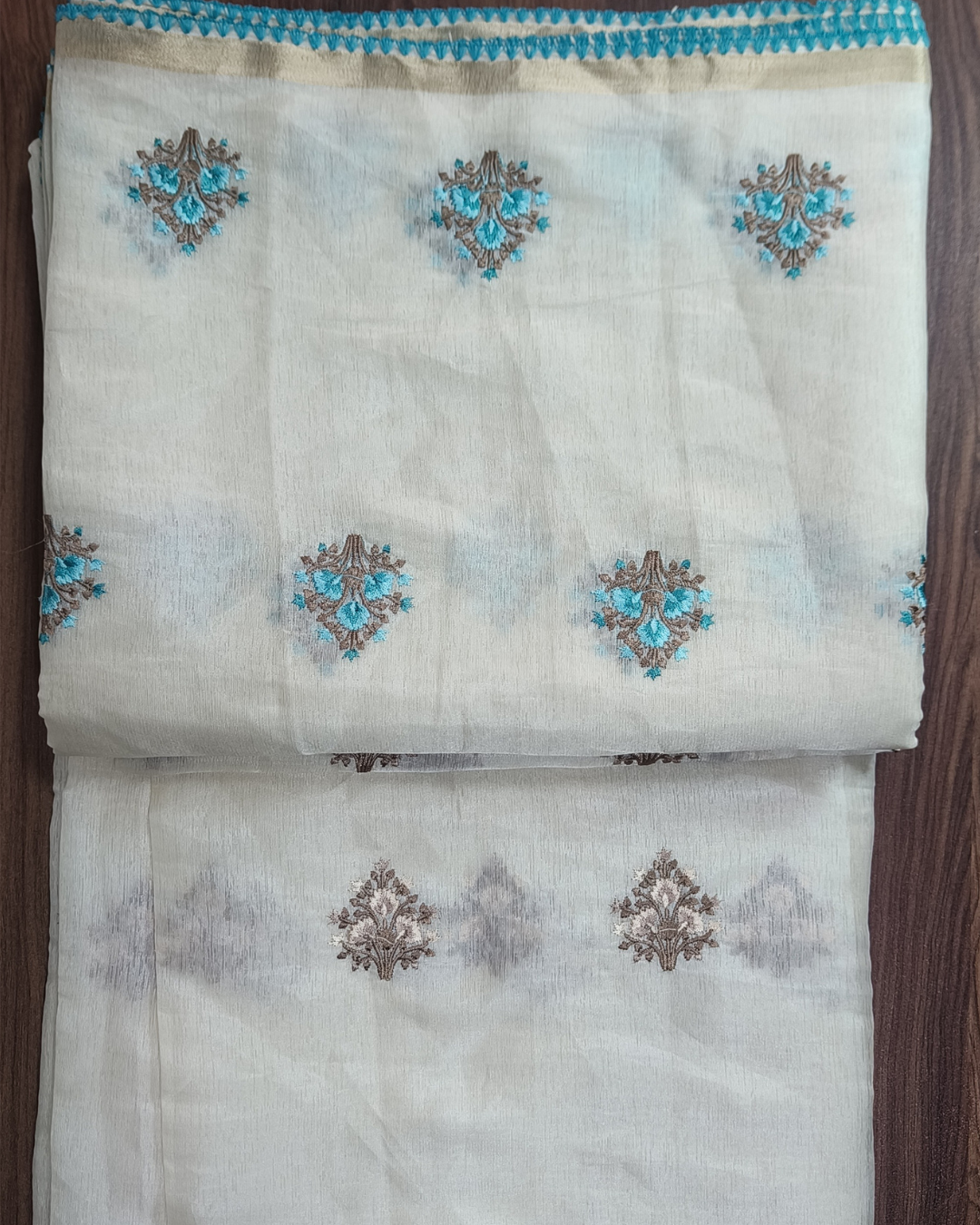 Onam Tissue Saree with Embroidery - Floral - Blue (Comes with running blouse)