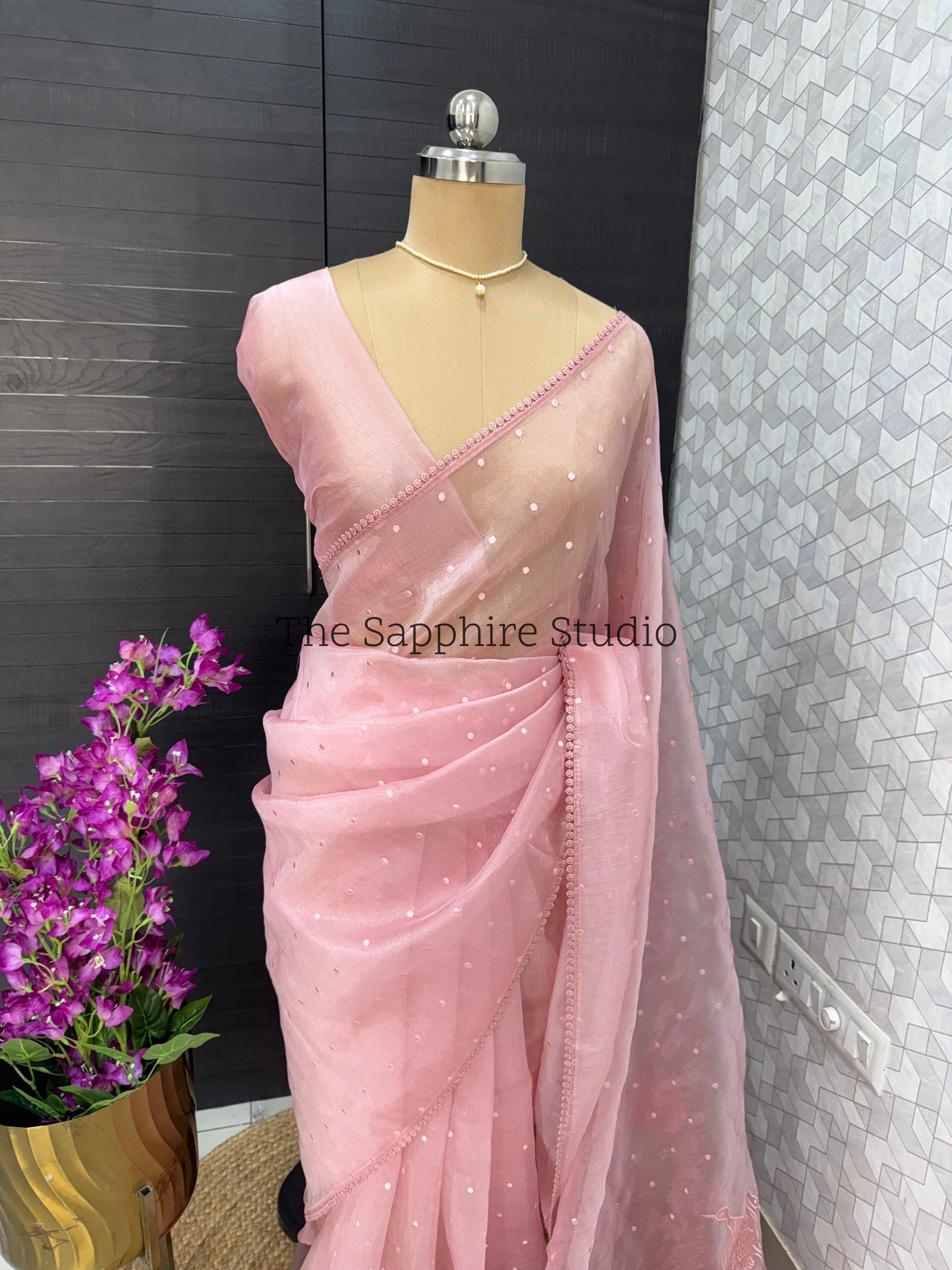 Blush Pink Flamingo Bloom – Appliqué Organza Saree