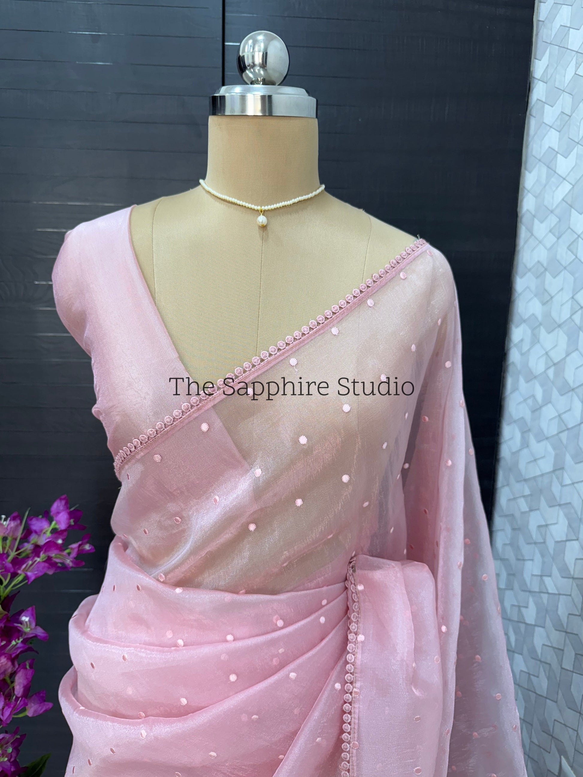 Blush Pink Flamingo Bloom – Appliqué Organza Saree
