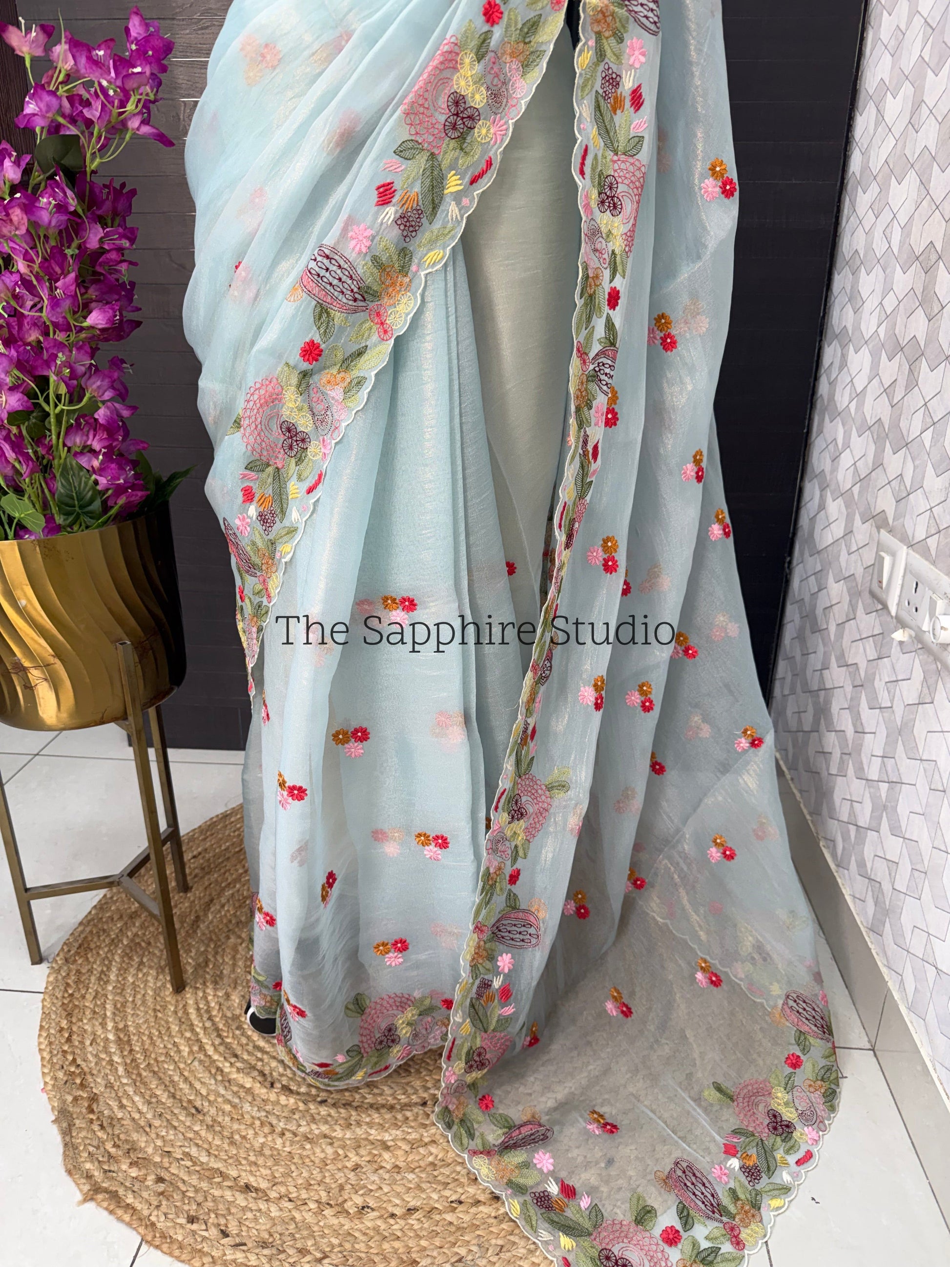 Sky Bloom Hand-Embroidered Organza Saree